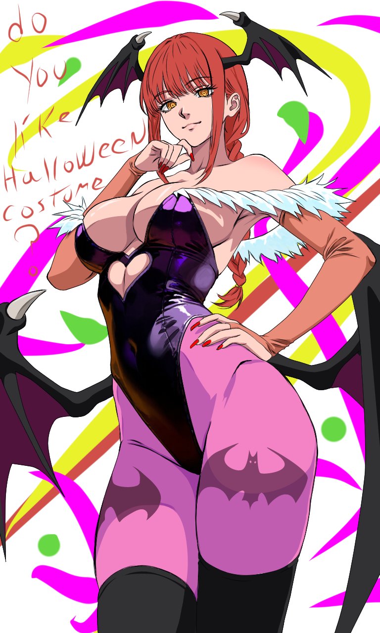 1girls, animal print, bat print, big breasts, black boots, black leotard, boots, braid, braided hair, breasts, chainsaw man, cleavage, cosplay, darkstalkers, english text, female, female only, gt (artist), halloween, head wings, large breasts, leotard, long hair, looking at viewer, makima (chainsaw man), morrigan aensland (cosplay), nail polish, red hair, red nail polish, red nails, smile, text, wings, yellow eyes
