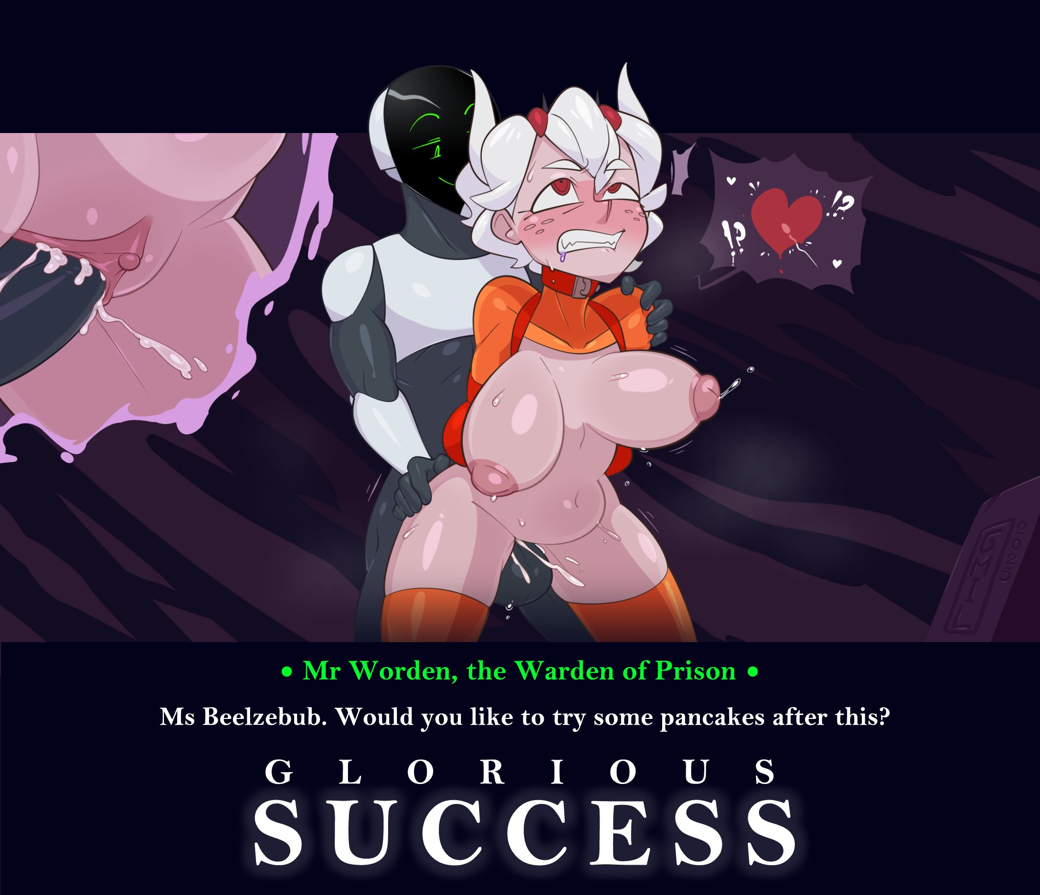 1boy, 1girls, armbinder, beelzebub (helltaker), blush, bondage, bouncing breasts, boxbinder, breasts, clenched teeth, clothing, cum, cum in pussy, cum inside, demon, demon girl, demon horns, dialogue, female, fertilization, freckles, from behind, fucked silly, gmil, gritted teeth, heart shaped ovum, helltaker, horns, impregnation, male, mr worden gmil, nipples, orange legwear, orange thighhighs, ovum, penetration, penis, pussy, red eyes, rolling eyes, sex, short hair, sperm cell, sperm meets ovum, spread legs, standing, standing sex, stomach bulge, text, thighhighs, vaginal penetration, x-ray