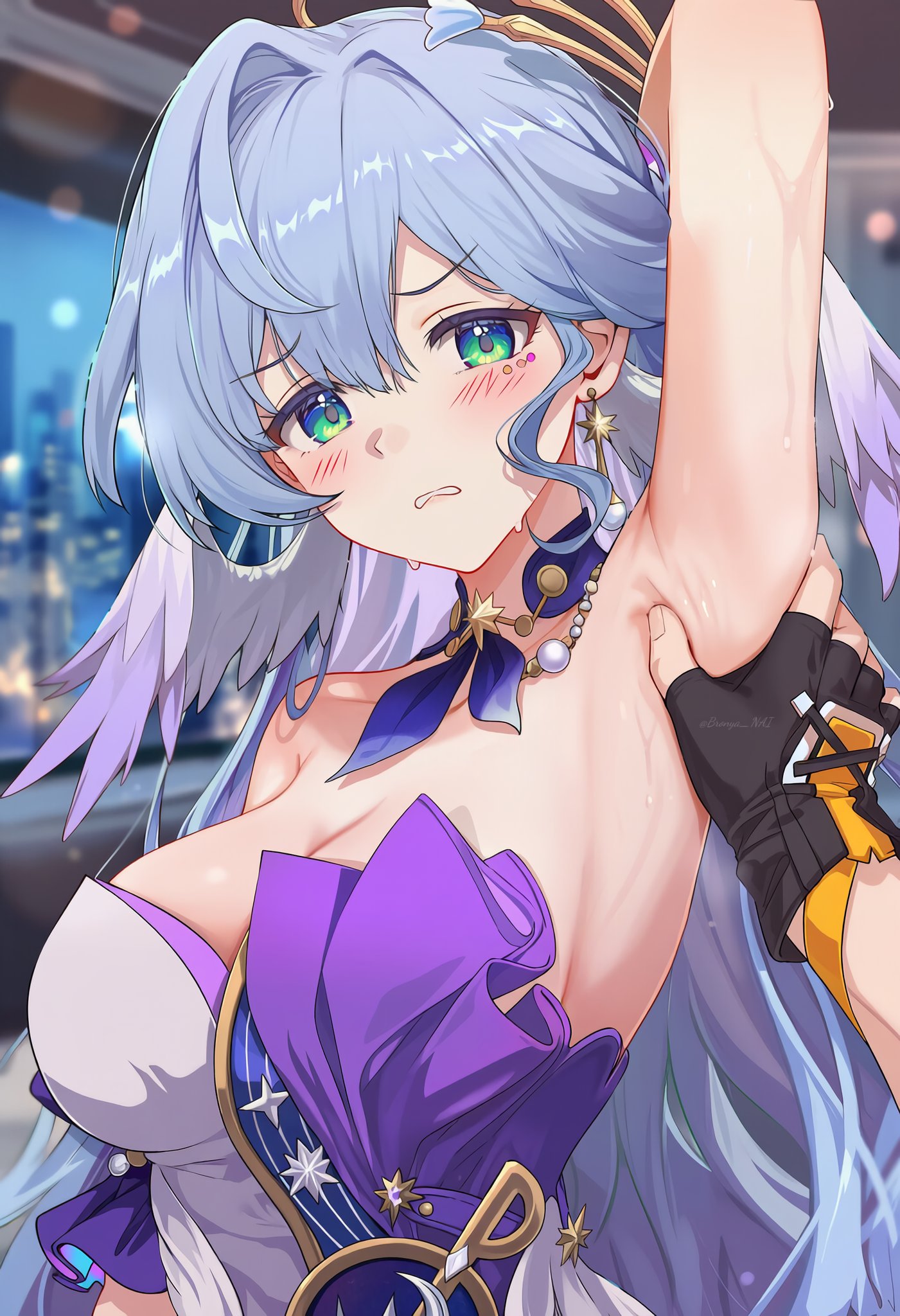 1boy, 1girls, ai generated, armpits, blush, caelus (honkai: star rail), fingerless gloves, green eyes, honkai: star rail, large breasts, long hair, looking at viewer, robin (honkai: star rail)