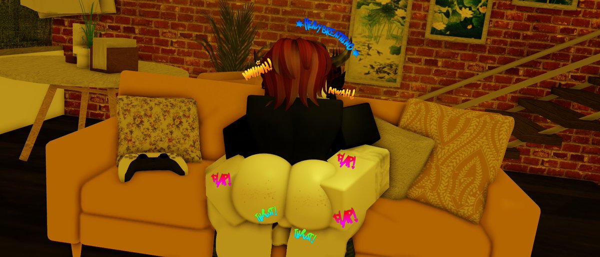 2boys 3d anal anal_sex ass balls big_ass black_clothing bottomless bottomless_male clothed_male couch cowgirl_position crimstuff english_text gay horns kissing male male/male male_only on_couch onomatopoeia penis penis_out pillows ps5_controller red_hair roblox roblox_avatar robloxian short_hair sitting sitting_on_couch stairs text video_game_controller white_skin yaoi