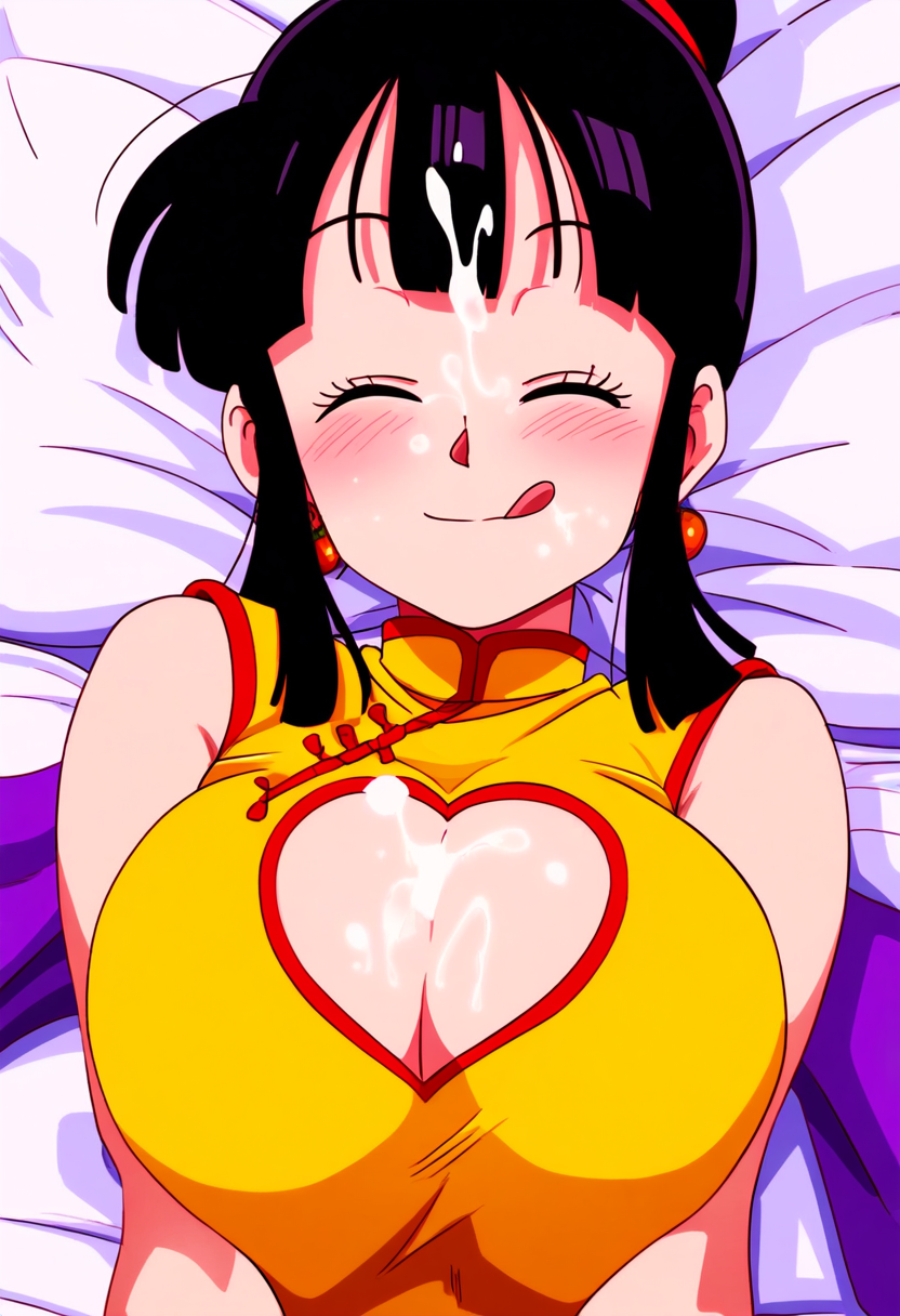 after_fellatio ai_assisted ai_generated bed breasts_squeezed_together chichi chichi_(majin_buu_saga) closed_eyes cum_on_breasts cum_on_face cummed_on dragon_ball dragon_ball_z happy licking_lips milf self_upload selvokaz