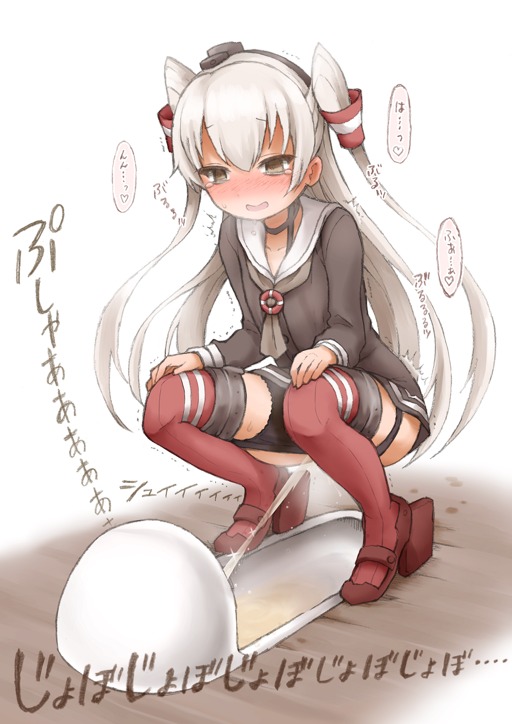 1girls amatsukaze_(kantai_collection) black_panties blush choker clothing dress hair_ornament hair_ribbon have_to_pee kantai_collection koorimizu korimizu long_hair panties panty_pull peeing sailor_dress shoes squat_toilet squatting sweat text thighhighs tied_hair toilet toilet_use translation_request trembling twintails white_hair yellow_eyes