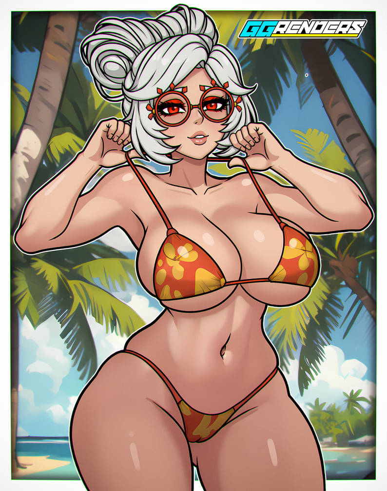 1girls beach bikini breasts clouds eyeshadow floral_print floral_print_bikini floral_print_swimsuit ggrenders glasses hair_bun large_breasts looking_at_viewer makeup midriff navel nintendo ocean orange_bikini orange_swimsuit outside palm_tree purah red_eyes sky swimsuit tears_of_the_kingdom the_legend_of_zelda water white_hair