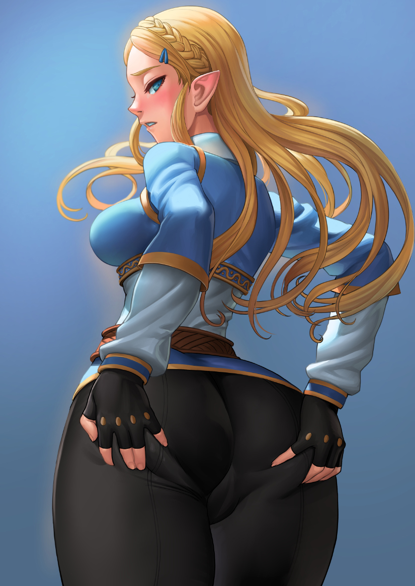 1girls, anus, ass, ass grab, blonde, blonde hair, blue background, blue eyes, blush, braid, breasts, breath of the wild, bubble ass, bubble butt, cameltoe, covered breasts, deep skin, female, female only, fingerless gloves, from behind, gloves, hair ornament, hairclip, hips, huge ass, lasterk, legs, long hair, long sleeves, looking at viewer, looking back, medium breasts, nintendo, pants, parted lips, pointy ears, princess, princess zelda, pussy, revision, sideboob, simple background, single braid, sky, solo, spread anus, the legend of zelda, thighs, tied hair, tight pants, zelda (breath of the wild)