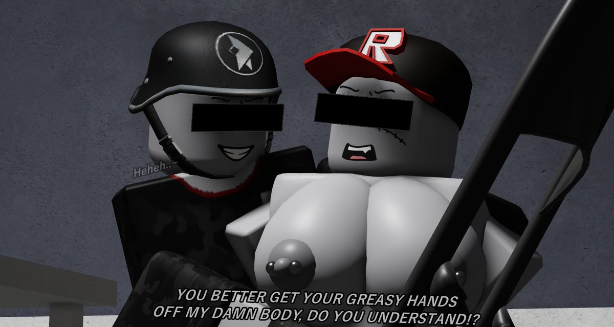 1boy 1boy1girl 1girls 3d angry bald big_breasts black_shirt breasts camouflage cap censor_bar censored_eyes clothed_male crimstuff dialogue english_text female genderswap_(mtf) gloves grey_skin guard hat helmet imminent_rape male male/female nipple_piercing nipples nude_female open_mouth roblox roblox_avatar roblox_game robloxian rolled_up_sleeves rubensim rule_63 runker_51 scar scar_on_face shirt sleeves smile straight text youtube youtuber