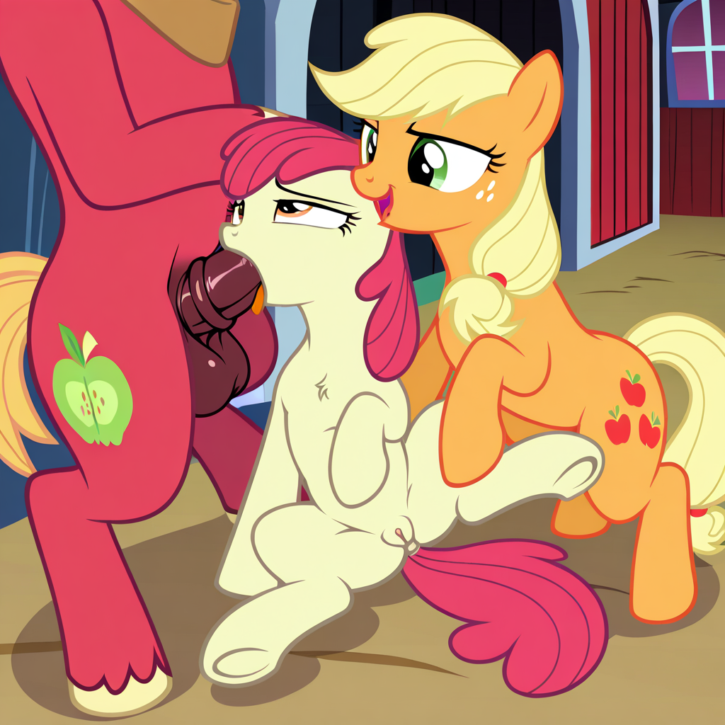 1boy 2girls age_difference ai_generated apple_bloom_(mlp) applejack_(mlp) big_macintosh_(mlp) blonde_hair brother_and_sister equine fellatio female feral furry green_eyes incest male male/female multiple_girls my_little_pony oral orange_eyes penis pony pussy red_hair siblings threesome