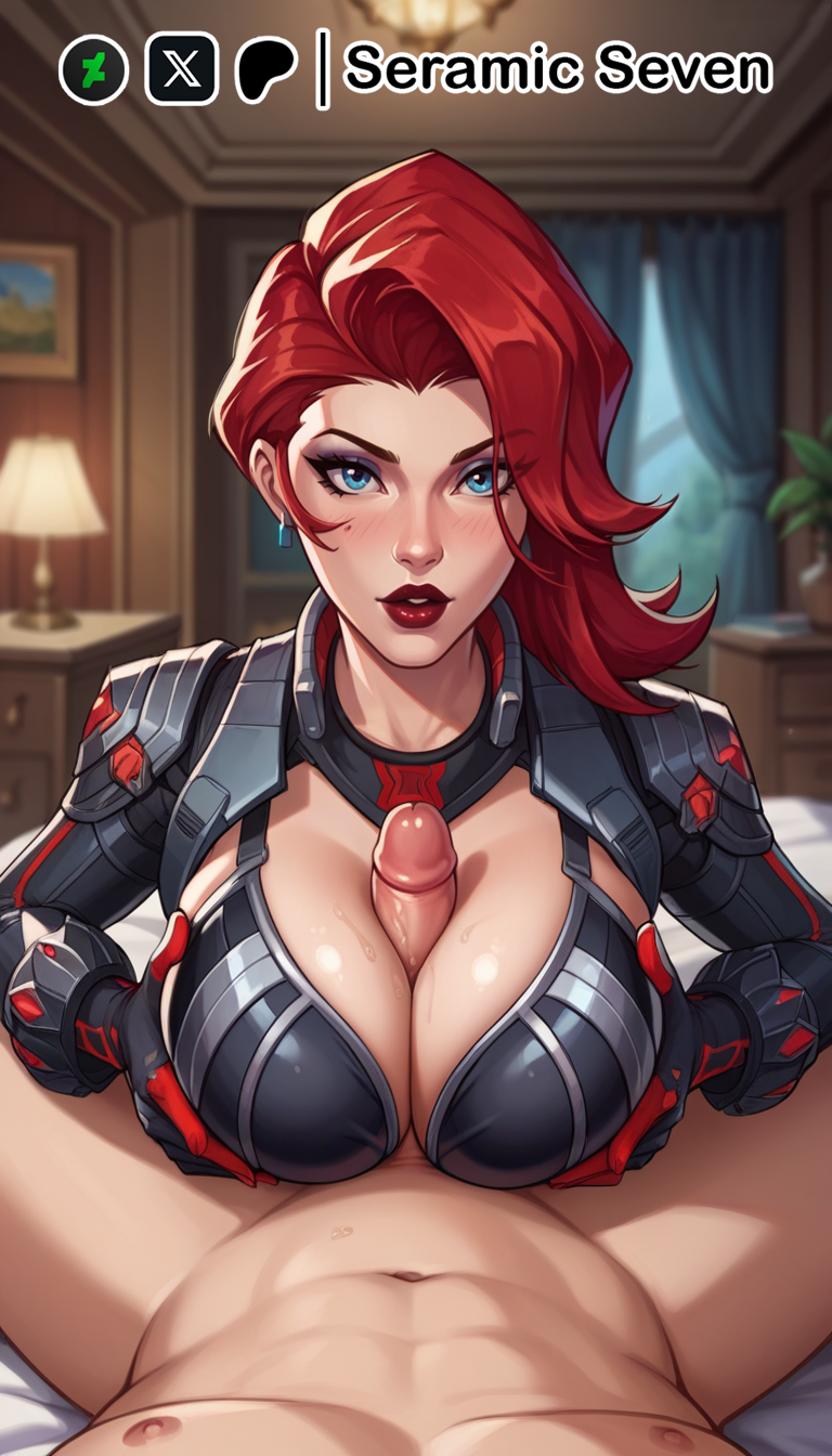 1boy 1boy1girls 1girls 2d ai_generated black_widow_(marvel) black_widow_(marvel_rivals) blue_eyes bodysuit boobjob clothed clothed_female clothed_female_nude_male completely_naked_male completely_nude_male female light-skinned_female light-skinned_male looking_at_viewer male male/female male_pov marvel marvel_rivals paizuri penis_between_breasts pov pov_male pressing_breasts_together pursed_lips red_hair red_hair redhead_female seramic_seven short_hair titjob titjob_pov