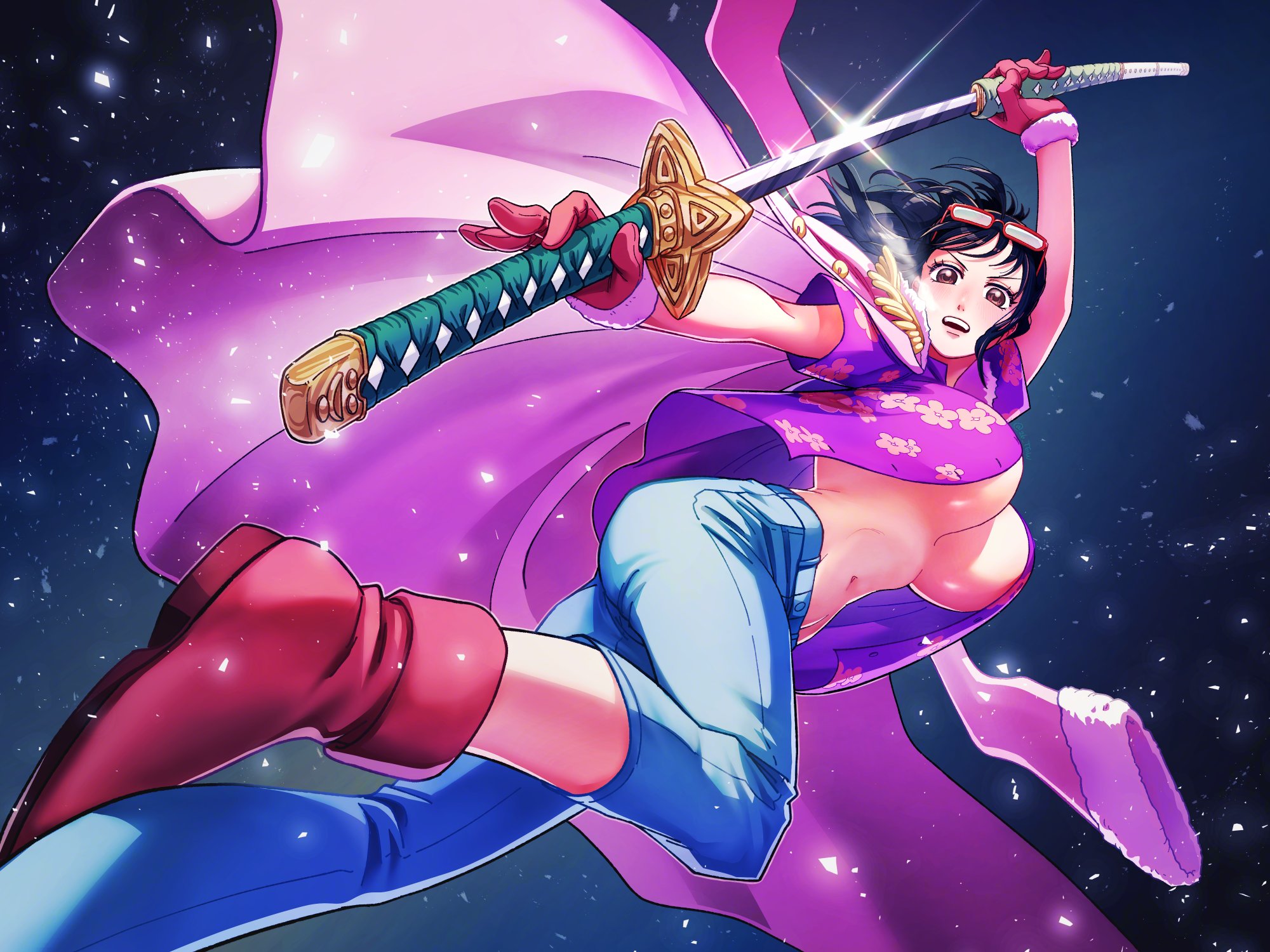 1girls, 26 tgw, belly button, big breasts, black hair, black-haired female, breasts, clothing, coat, coat on shoulders, drawing sword, exposed cleavage, exposed torso, female, female only, jeans, long hair, one piece, open clothes, open shirt, punk hazard, safe, safe for work, sfw, smoker/tashigi (shambles), solo, sword, swordswoman, tashigi, unbuttoned, unbuttoned shirt, wardrobe malfunction