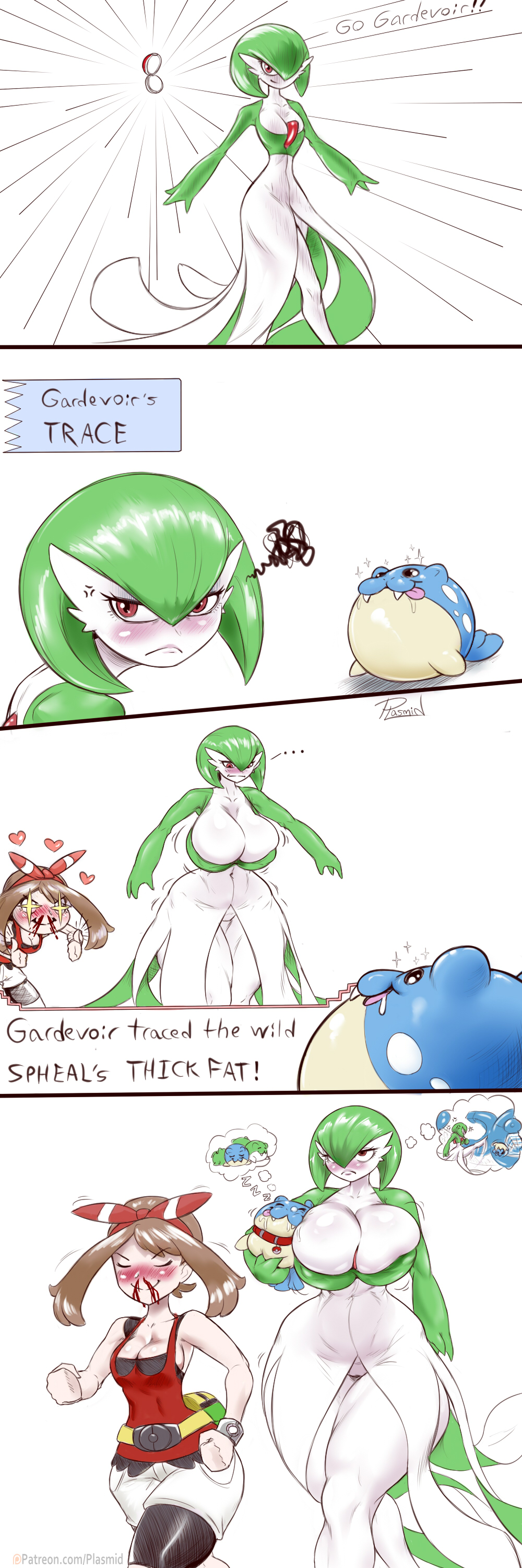 annoyed, ass expansion, big breasts, blush, breast expansion, breast growth, breast growth (enlargement), breasts, clothed, comic, female, gameplay mechanics, gardevoir, may (pokemon), plasmidhentai, pokemon, pokemon ability, thick thighs, thigh expansion