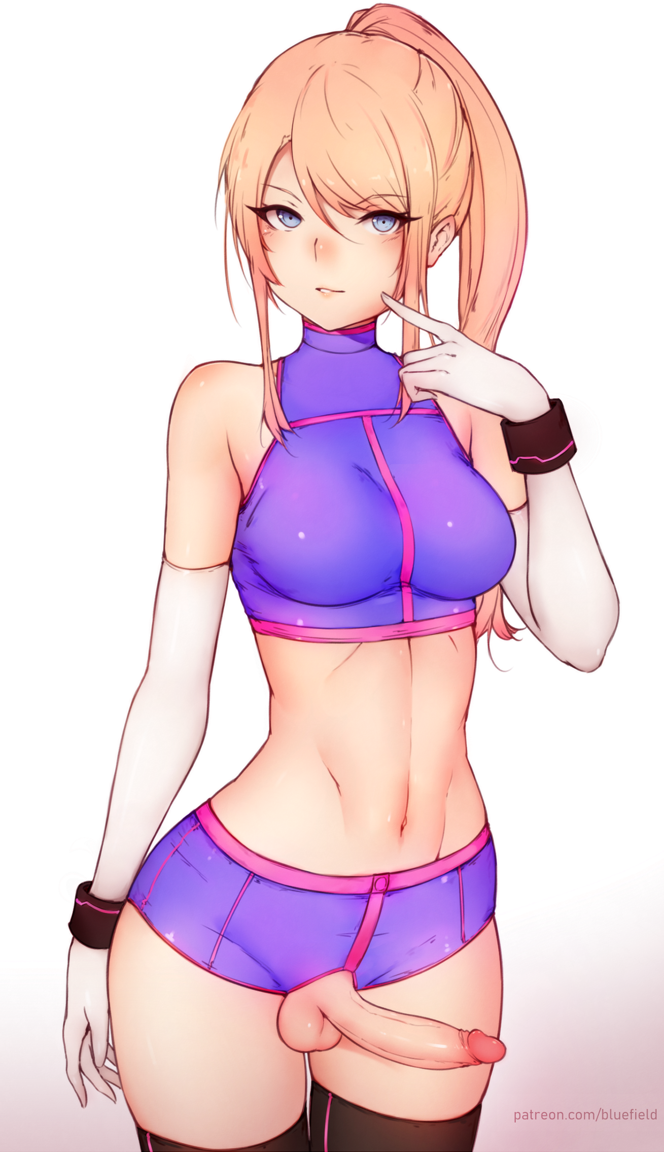 1futa, balls, blonde hair, bluefield, boyshorts, breasts, crotchless, crotchless clothes, dickgirl, erection, futa only, futanari, intersex, looking at viewer, medium breasts, metroid, nintendo, penis, penis out, ponytail, samus aran, shorts, solo, testicles, thighhighs