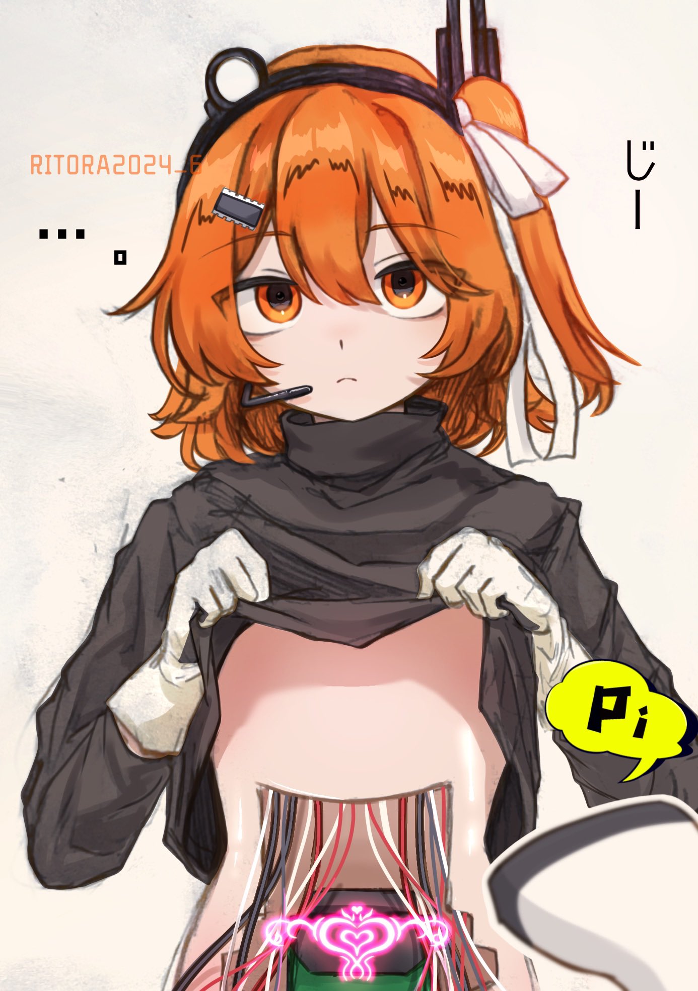 1girls a.i._voice adachi_rei android black_shirt cable closed_mouth expressionless female flat_chest gloves hair_between_eyes hair_ribbon headlamp long_sleeves microphone orange_eyes radio_antenna ribbon riko_(ritora2024_6) robot robot_girl shirt shirt_partially_removed side_ponytail solo utau white_ribbon wire wires