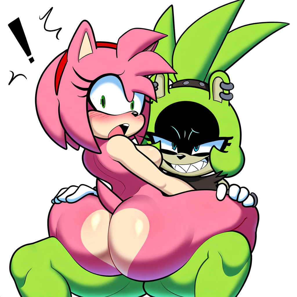 ! 2girls ai_generated amy_rose anthro anthro_on_anthro anthro_only ass blush breasts caught caught_in_the_act cold_shrike duo ear_piercing embarrassed exclamation_point female female/female female_only green_body green_hair headband hedgehog looking_at_viewer looking_back mobian_(species) novelai piercing pink_body pink_hair ponytail rear_view sega self_upload simple_background sitting_on_lap sitting_on_person smug sonic_(series) sonic_the_hedgehog_(idw) sonic_the_hedgehog_(series) surge_the_tenrec surprised tail tenrec white_background yuri