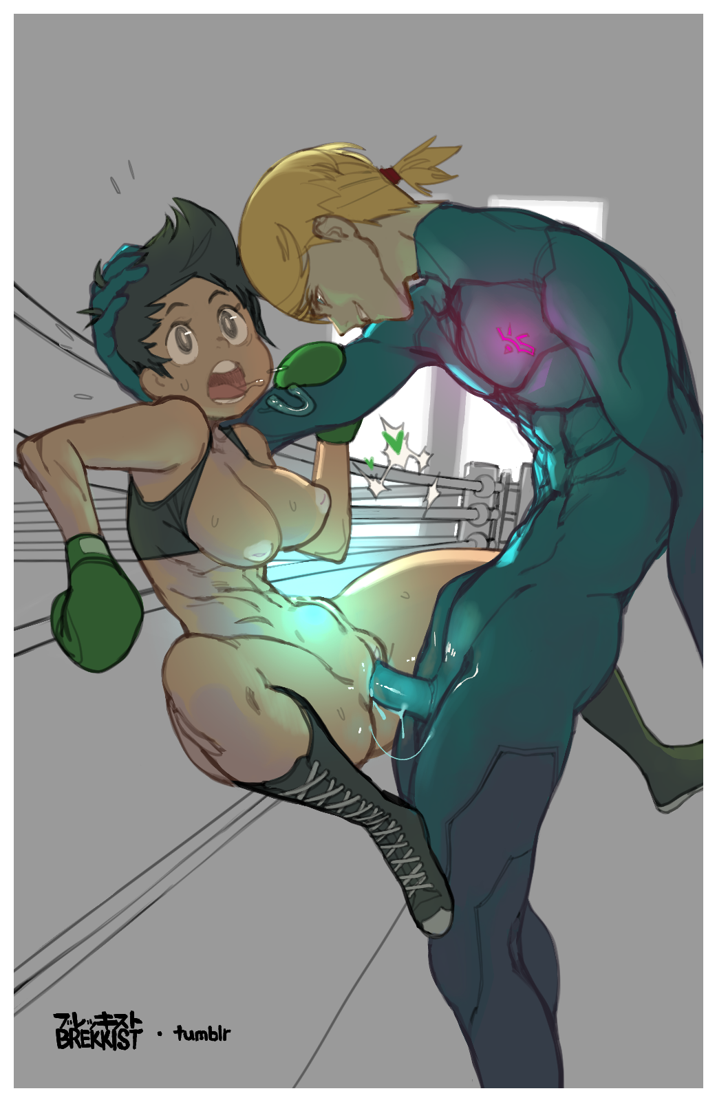 1boy black_hair blonde_hair boots bottomless boxing_gloves boxing_ring breasts breasts_out brekkist clothing commentary cross-laced_footwear female fucked_silly genderswap glowing heart highres inverted_nipples lace-up_boots large_penis little_mac male medium_breasts metroid mouth_guard muscle nintendo open_mouth penetration penis punch-out!! punch_out pussy rule_63 saliva samus_aran sex short_hair short_ponytail spread_legs stomach_bulge straight super_smash_bros. sweat uncensored vaginal_penetration zero_suit