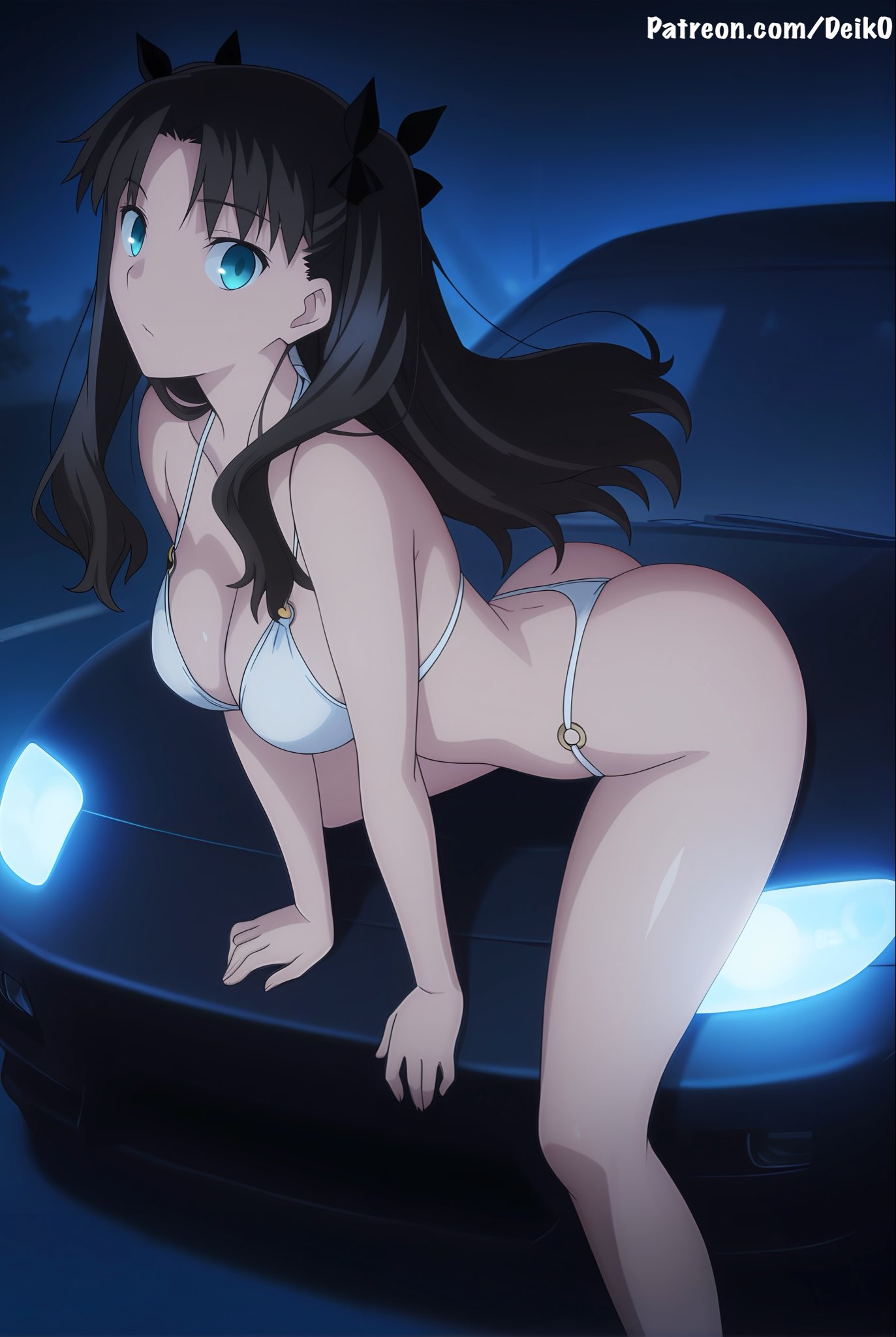 ai generated, aqua eyes, arm support, bikini, black hair, blue eyes, blush, breasts, car, car hood, car hood pose, closed mouth, deik0, fate/stay night, female, floating hair, large ass, large breasts, long hair, looking at viewer, micro bikini, motor vehicle, neon lights, night, on car, perfect ass, thong, tohsaka rin, twintails