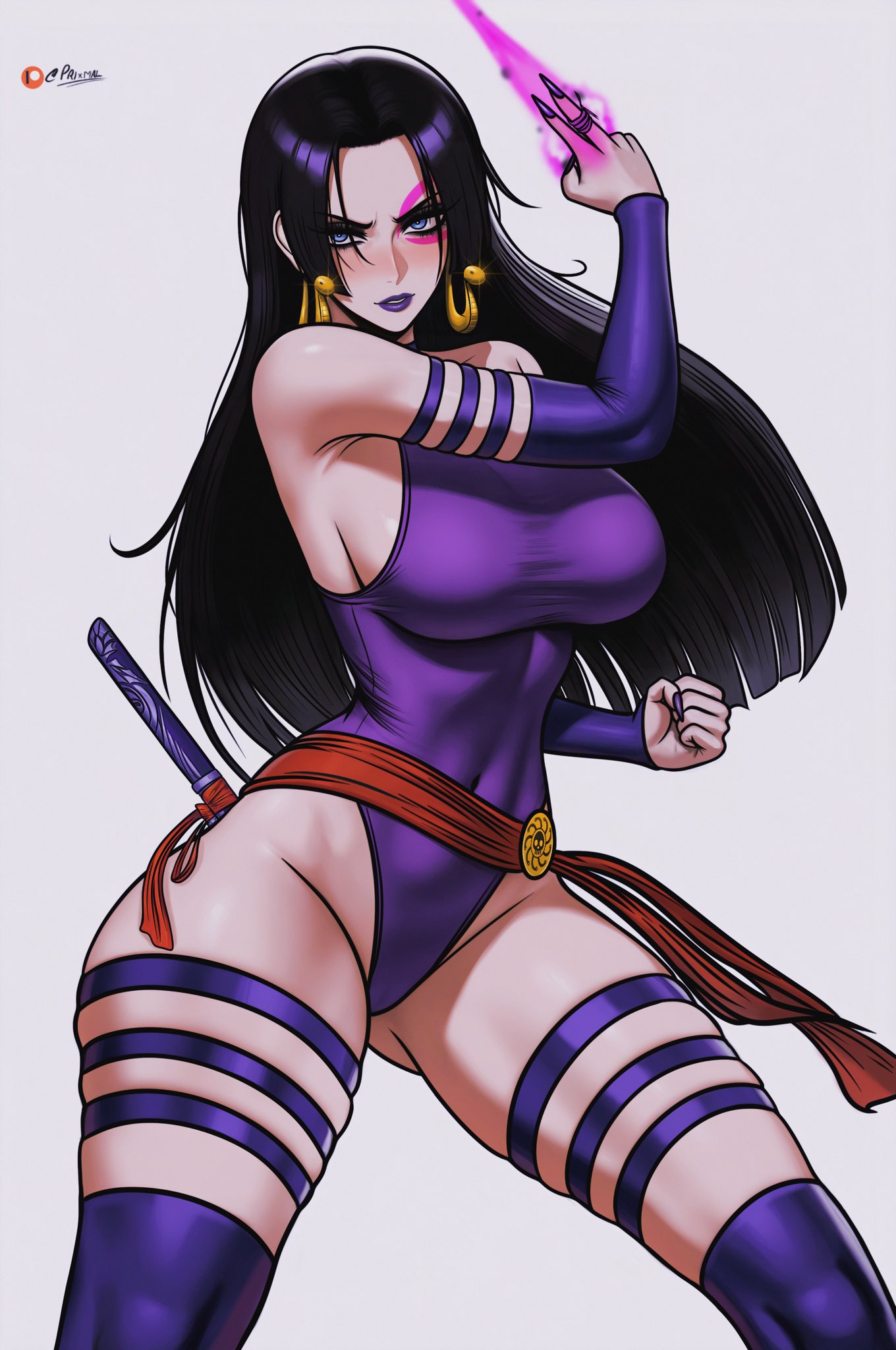 1girls bare_arms bare_legs bare_shoulders bare_thighs big_breasts black_hair blue_eyes boa_hancock clothed clothing color female female_focus female_only hi_res large_breasts light-skinned_female light_skin long_hair marvel marvel_comics one_piece prixmal psylocke_(cosplay) shounen_jump solo solo_female tagme thick_thighs