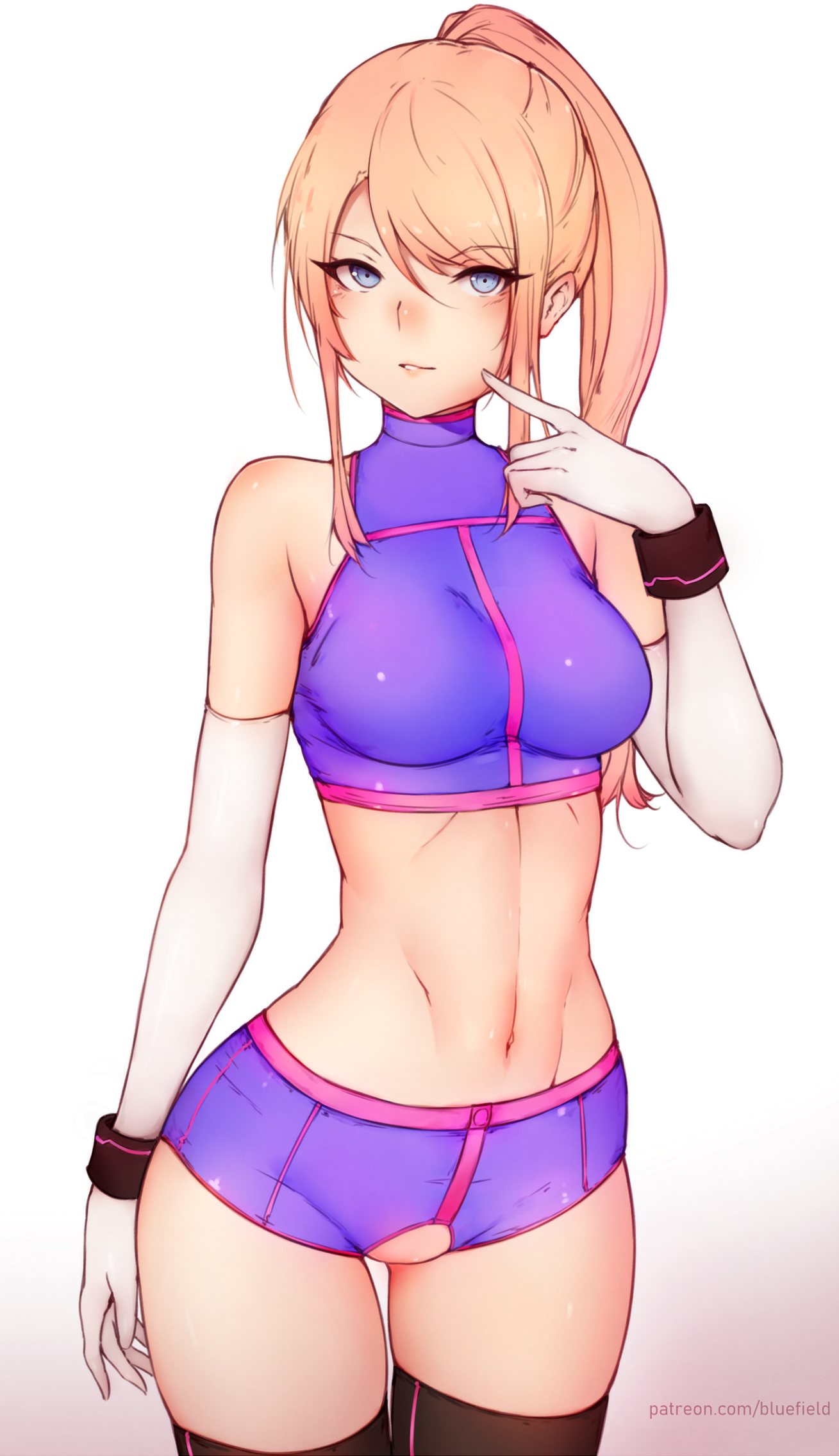 blonde hair, bluefield, boyshorts, breasts, cleavage, crotchless clothes, female, female only, looking at viewer, metroid, nintendo, ponytail, samus aran, shorts, solo, thighhighs