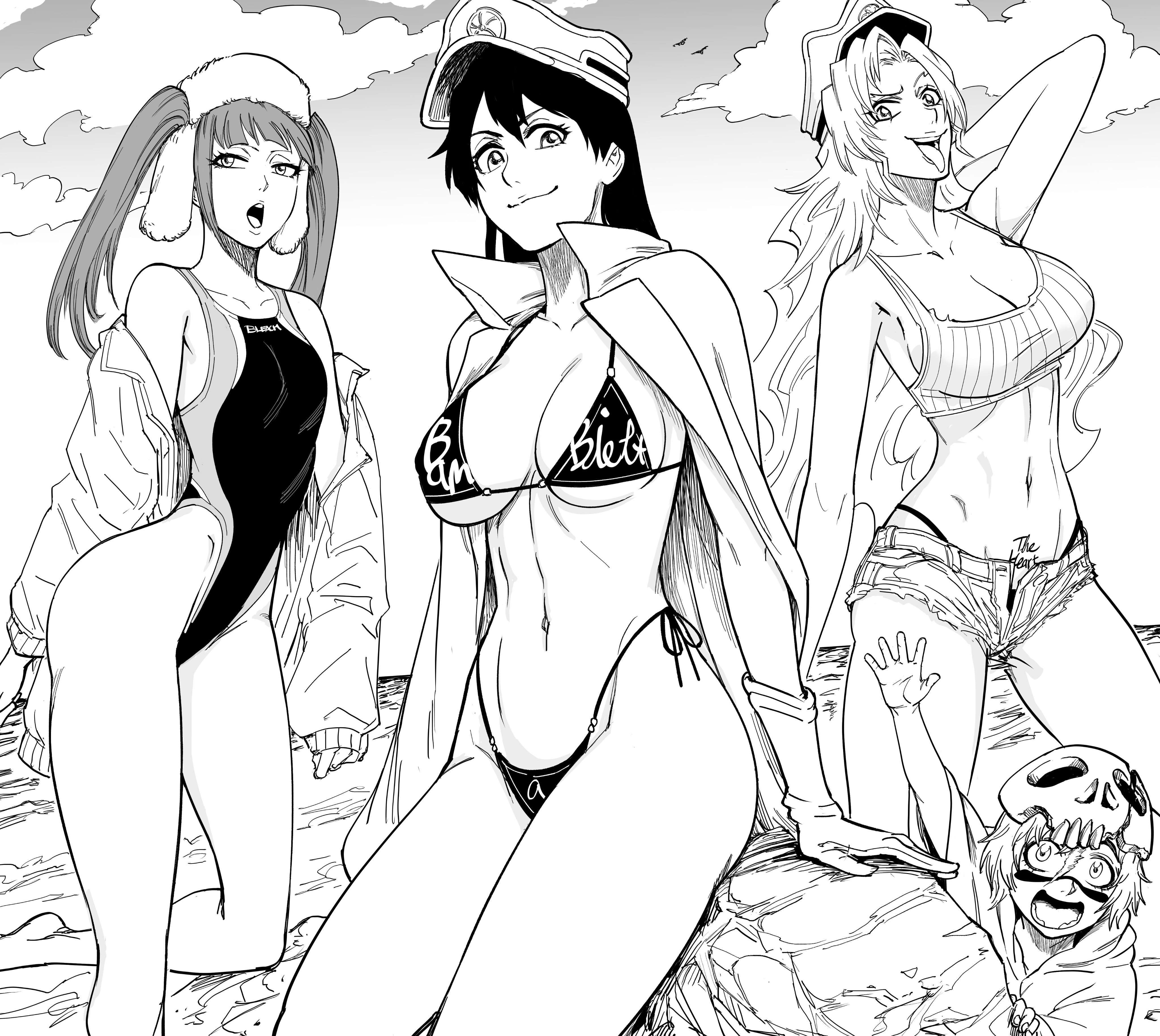 bambietta basterbine, bb (baalbuddy), bleach, bleach: the thousand-year blood war, candice catnipp, dokugamine riruka, female, monochrome, nelliel tu odelschwanck, swimsuit