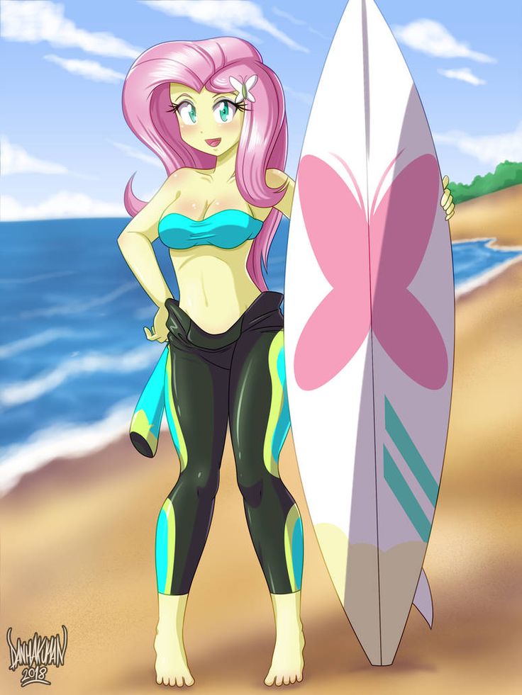 beach bikini blue_bikini equestria_girls feet fluttershy_(mlp) green_eyes holding human ocean standing surfboard surfer_girl surfing waves wetsuit yellow_skin