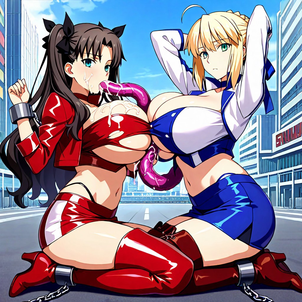 2girls ai_generated aqua_eyes artoria_pendragon artoria_pendragon_(fate) black_hair blonde_hair blowjob blue_eyes boobjob chained chains cum cum_on_breasts fate/grand_order fate/stay_night fate/zero fate_(series) fellatio green_eyes long_hair oral paizuri restrained saber titjob tohsaka_rin