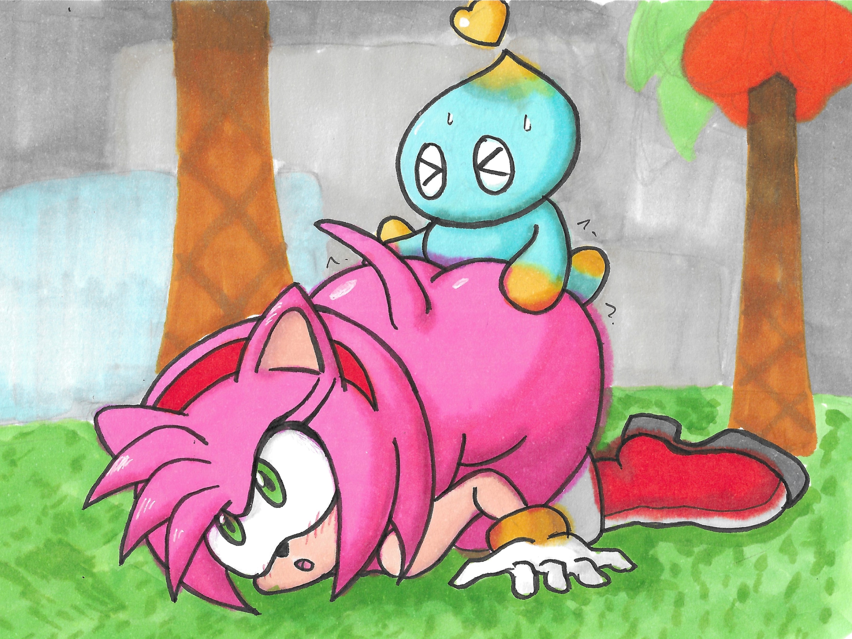 amy rose, ass, brownpidgeon, chao (sonic), face down ass up, female, green eyes, hedgehog girl, penetration, pink fur, round ass, size difference, sonic (series), sonic the hedgehog (series), tail