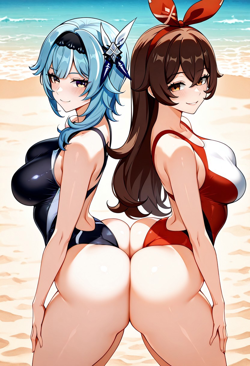 2girls ai_generated amber_(genshin_impact) ass ass-to-ass ass_press ass_sandwich ass_to_ass beach blush breasts eula_(genshin_impact) fat_ass genshin_impact hoyoverse huge_ass medium_breasts ocean sand shiny_skin smiling_at_viewer swimsuit thick_thighs tight_clothing