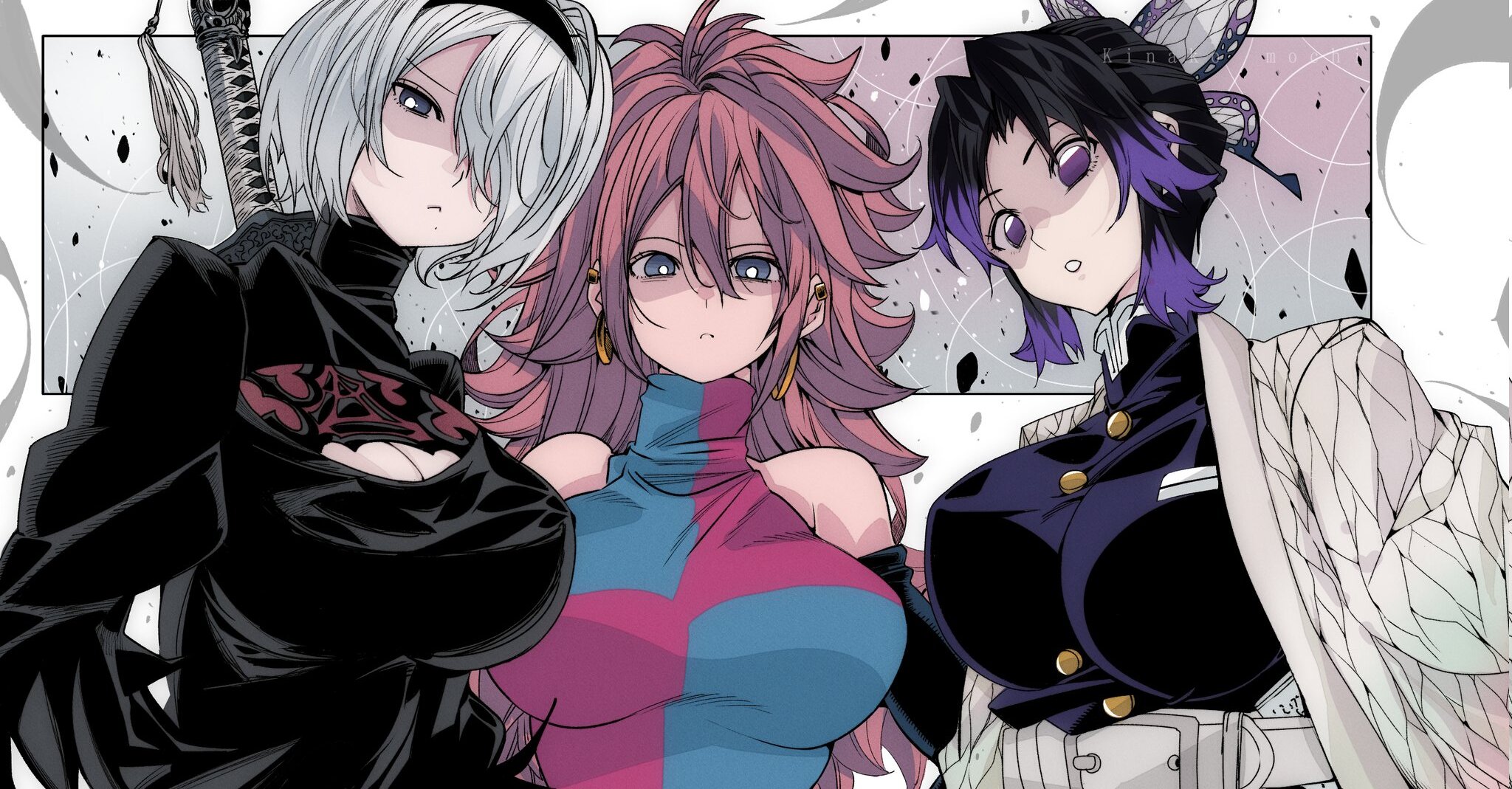 3girls, android 21, android 21 (human), belt, big breasts, black dress, black hair, black hairband, black shirt, black sleeves, blue eyes, breasts, brown hair, butterfly hair ornament, buttons, checkered clothes, checkered dress, cleavage cutout, clothing cutout, crossover, demon slayer, demon slayer uniform, detached sleeves, dragon ball, dragon ball (series), dragon ball fighterz, dress, earrings, female, female only, gradient hair, hair between eyes, hair ornament, hairband, haori, headband, highres, hoop earrings, huge breasts, japanese clothes, jewelry, kimetsu no yaiba, kinakomochi (user vedc2333), kochou shinobu, large breasts, long hair, long sleeves, looking at viewer, mole, mole under mouth, multicolored dress, multicolored hair, multiple crossover, multiple females, multiple girls, nier, nier (series), nier: automata, omochi db, one eye covered, parted bangs, puffy sleeves, purple eyes, purple hair, shaded face, shirt, short hair, sideways, sleeveless, sleeveless shirt, sword, sword on back, upper body, weapon, weapon on back, white hair, yorha 2b
