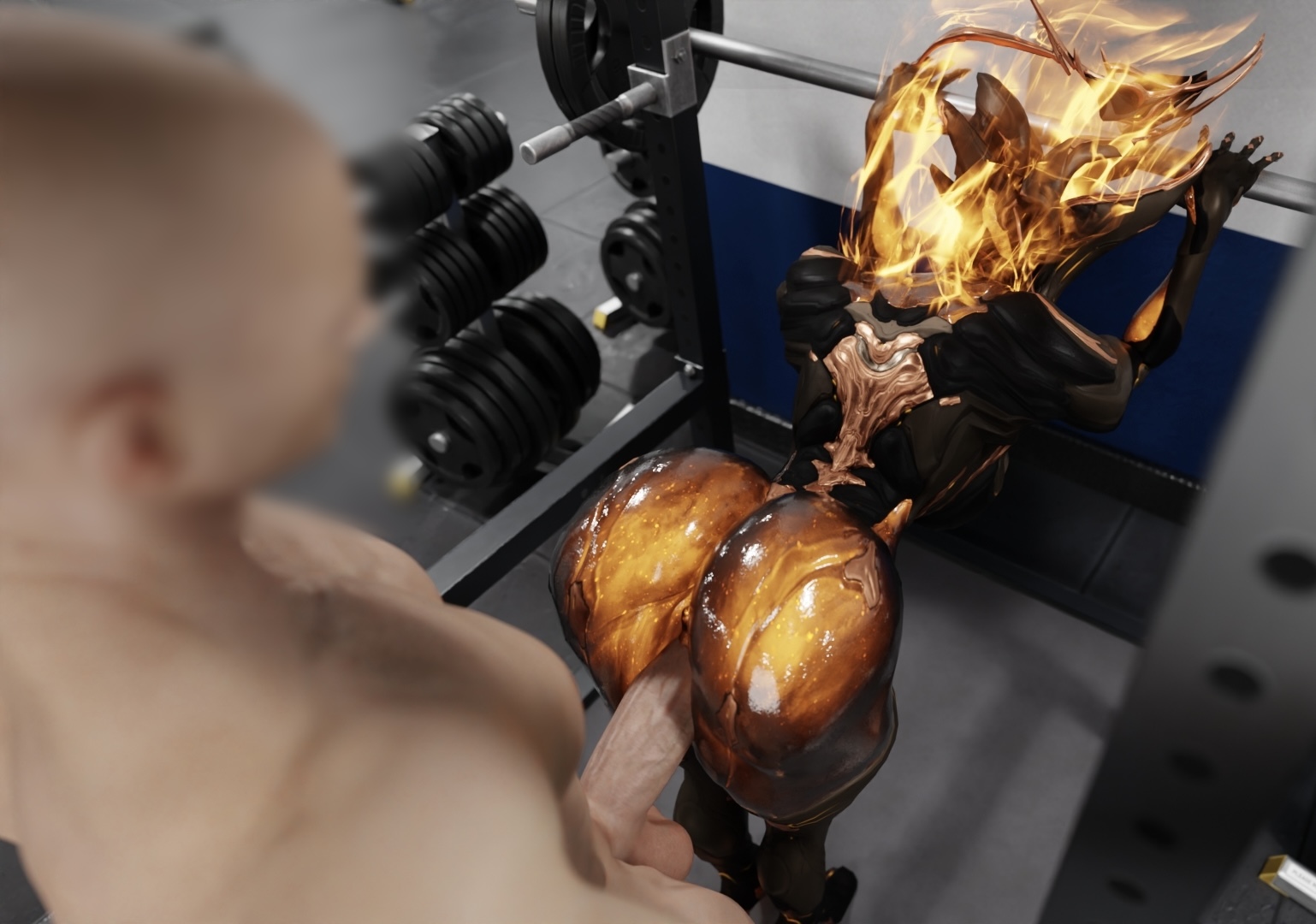 1boy, 1girls, 3d, ass, big ass, big penis, blender, blender (artwork), blender (software), ember (warframe), ember heirloom (warframe), female, gym, jusescrust18, male, penis, pussy, vaginal penetration, warframe