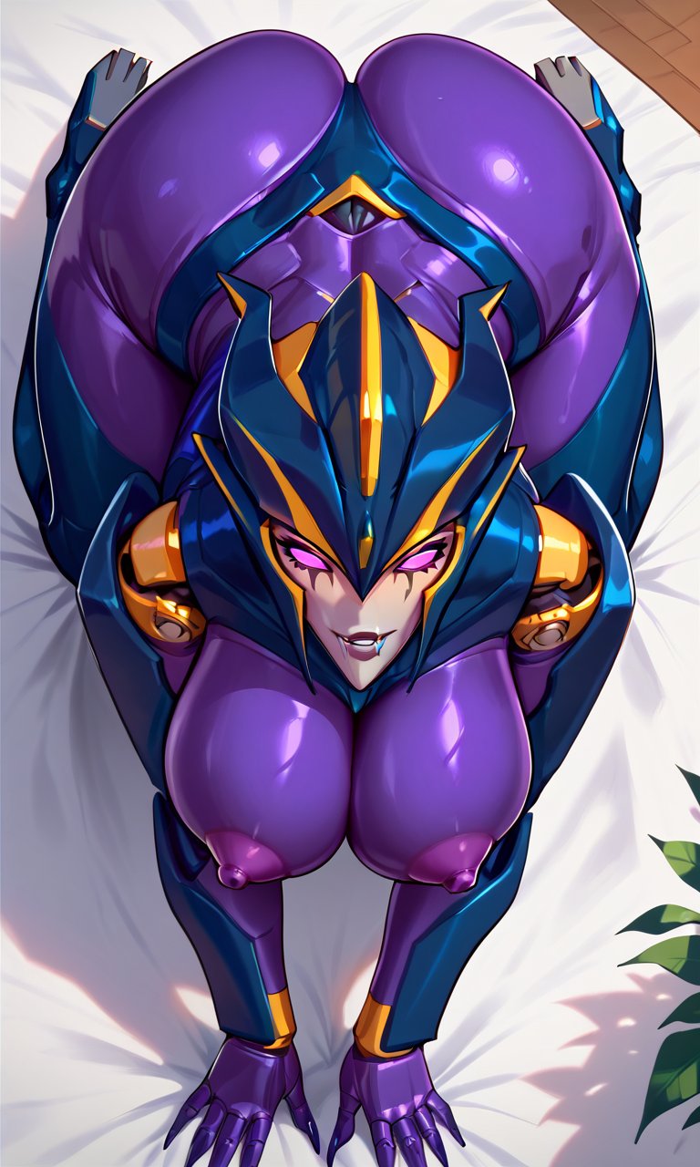 1robot_girl ai_generated airachnid all_fours glowing_eyes looking_at_viewer metallic_body nipples no_bra purple_body purple_eyes purple_nipples robot_humanoid roger1011 thick_thighs transformers transformers_prime