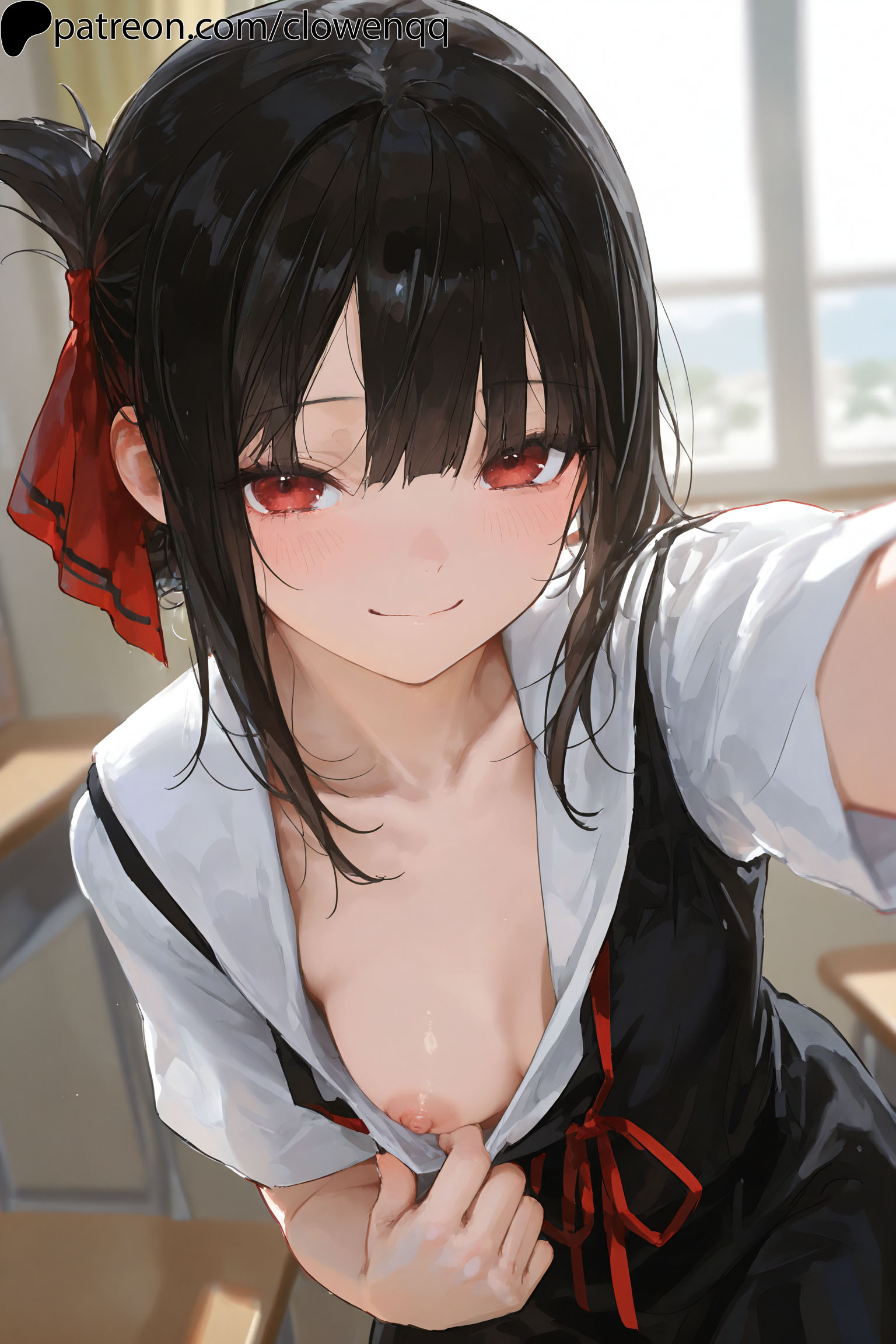 1girls, ai generated, areola, black hair, blush, breasts, classroom, clowenqq, cute, exposed breasts, female, female focus, female only, flashing, flashing breasts, hair ribbon, hi res, highres, kaguya-sama wa kokurasetai ~tensai-tachi no renai zunousen~, looking at viewer, nipples, no bra, petite, presenting breasts, red eyes, red ribbon, ribbon, school, school uniform, schoolgirl, selfie, shinomiya kaguya, skinny, slim, small breasts, smile, solo, solo female, solo focus, standing, teenager, young, younger female
