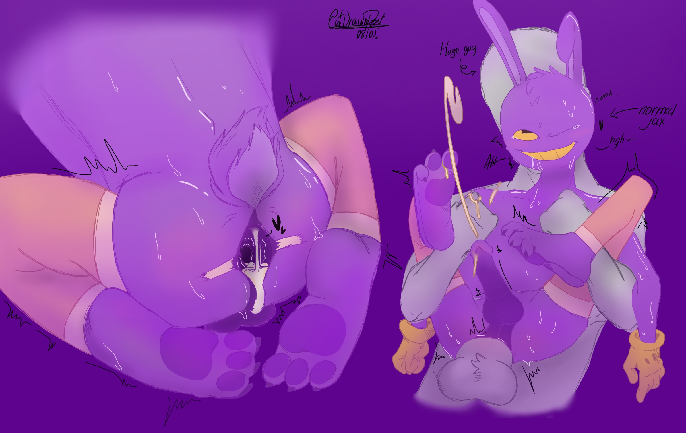 anthro, anthro only, ass, bunny, catdrawnpost (artist), cum, cum inside ass, feet, feet up, gay, gay anal, glitch productions, huge cock, jax (the amazing digital circus), male, penis, purple body, purple bunny, purple feet, small ass, tape, the amazing digital circus, tight ass, yellow eyes, yellow mouth