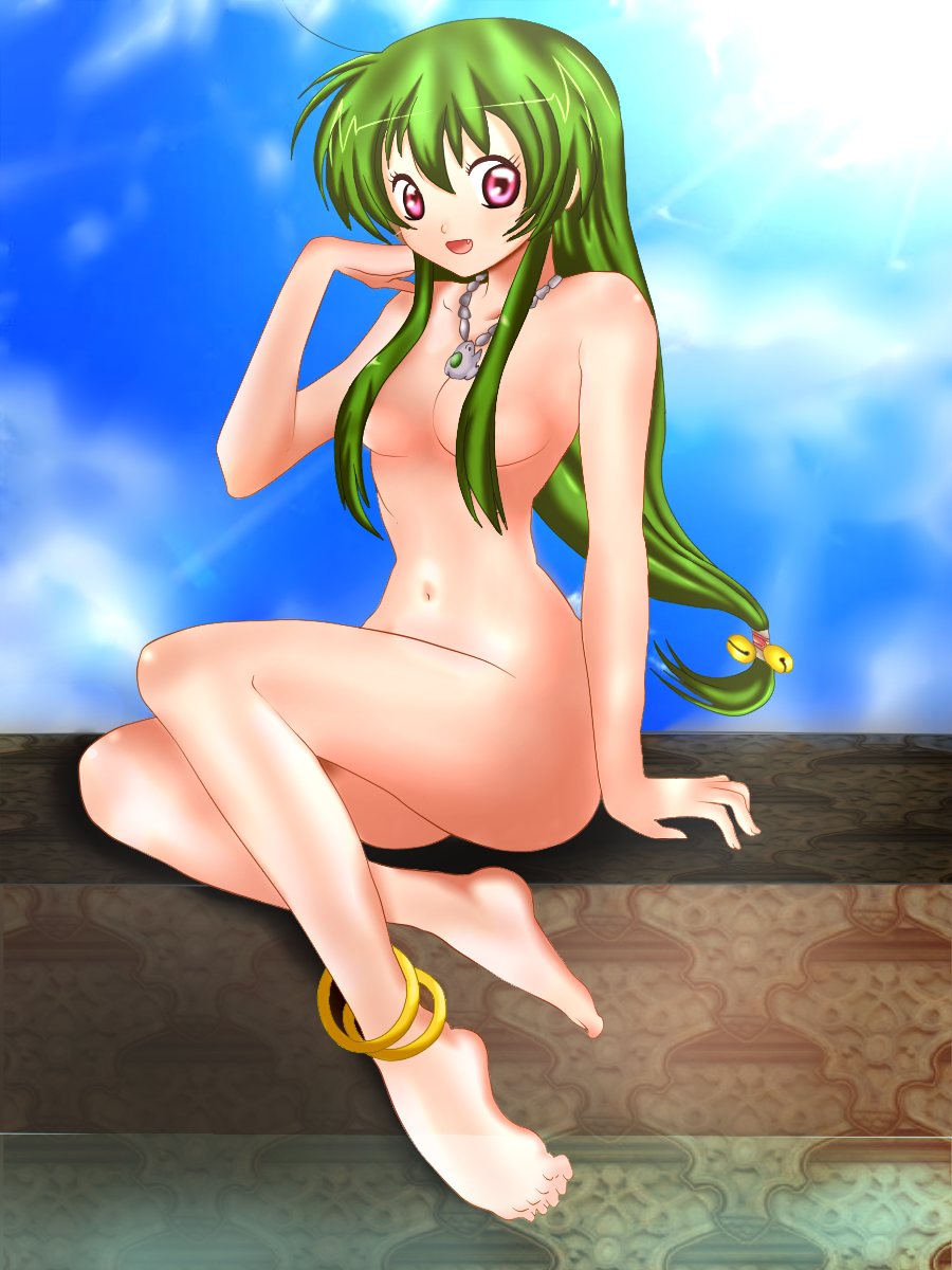 anklet bugu cute_fang green_hair hair_covering_breasts inukami! long_hair necklace open_mouth pink_eyes yoko_(inukami!)