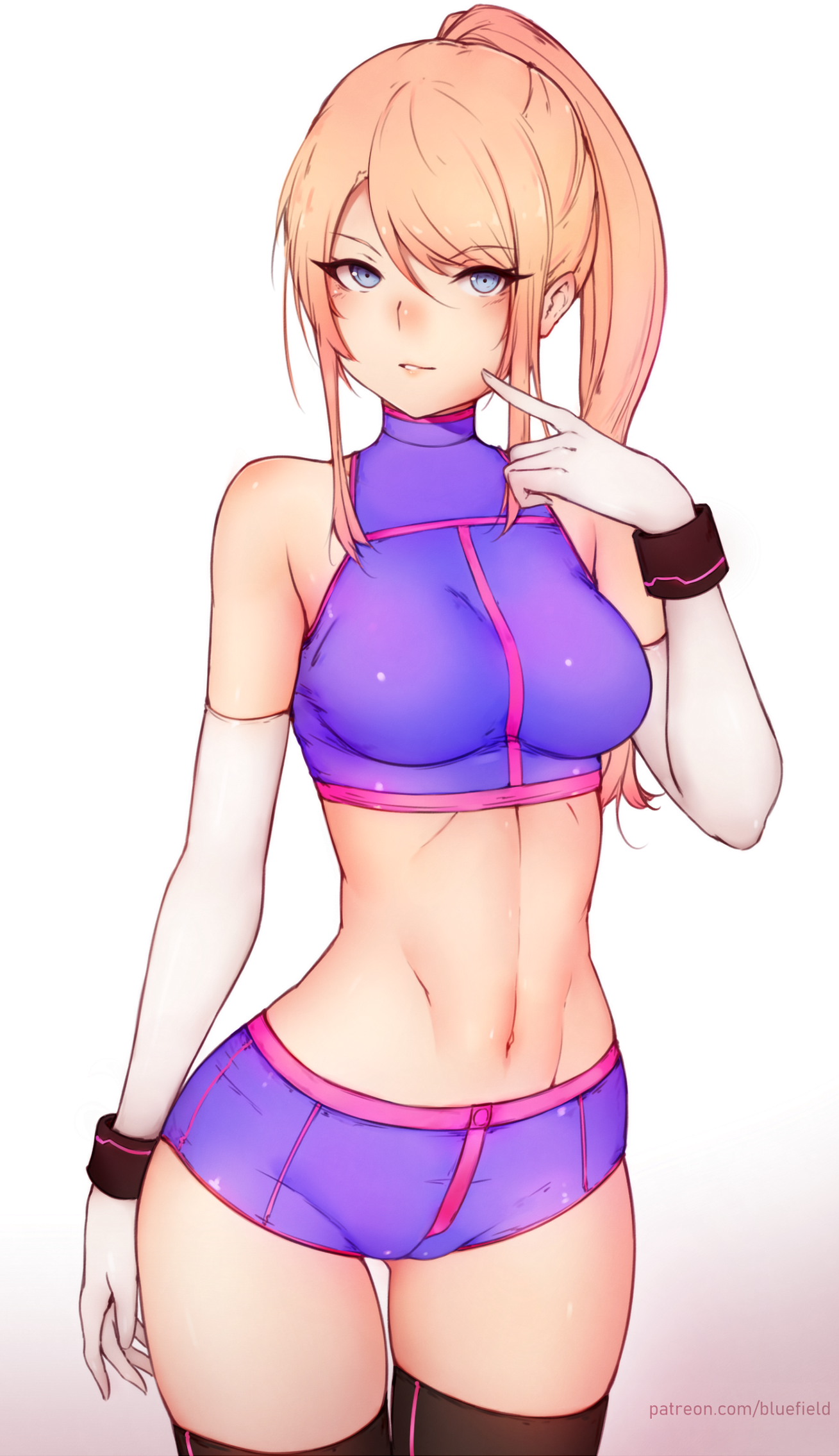 blonde hair, bluefield, boyshorts, breasts, cameltoe, cleavage, female, female only, looking at viewer, metroid, nintendo, ponytail, pussy, samus aran, shorts, solo, thighhighs