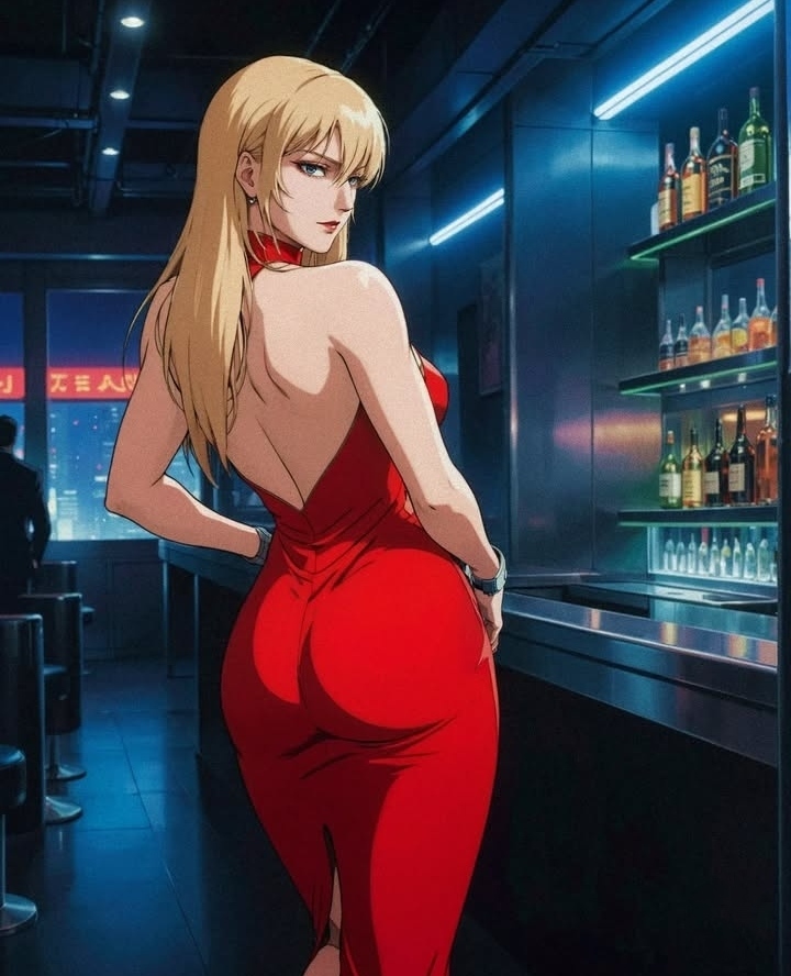 1girls 2023 ai_generated alcohol alcoholic_drink anime_style ass_visible_through_clothes backless_dress backless_outfit bottles classy classy_female curvaceous curvy drink elegant elegant_dress emotionless emotionless_female fancy fancy_clothing fancy_dress female female_only femme_fatale hourglass_figure indoors instagram instagram_link light-skinned_female light_skin long_hair looking_back original red_dress solo