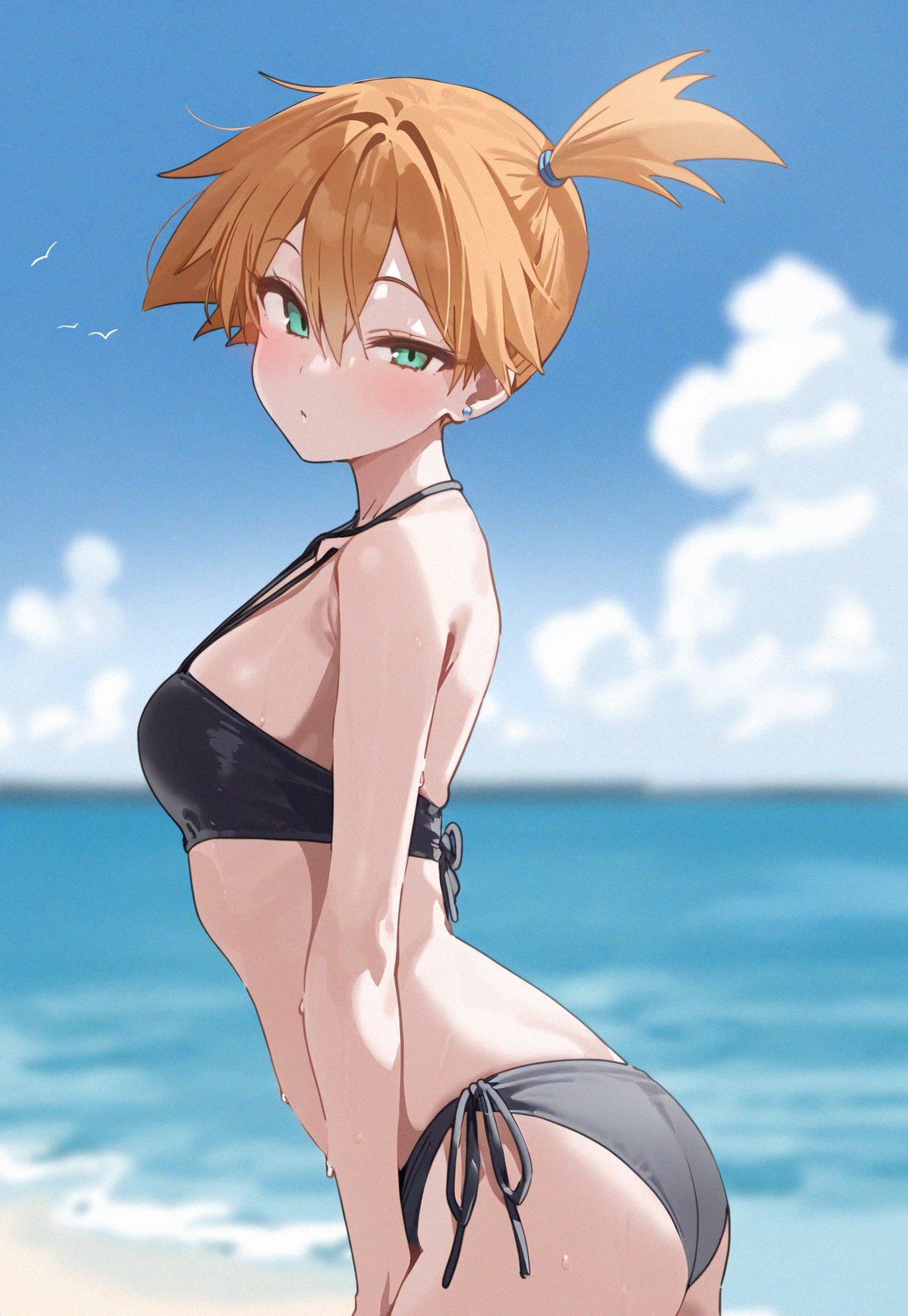 ai_generated aqua_eyes ass asymmetrical_hair bangs bare_arms bare_shoulders beach bikini bikini_bottom black_bikini black_swimsuit blue_sky blurry blurry_background blush breasts closed_mouth clothing cloud cowboy_shot day earrings female female_only green_eyes hair_between_eyes halterneck jewelry kasumi_(pokemon) looking_at_viewer looking_to_the_side navel ocean orange_hair outdoors owari_wan piercing pokemon pokemon_character pokemon_species ponytail short_hair side-tie_bikini_bottom side-tie_clothing side-tie_swimsuit side_ponytail sky solo swimsuit thighs tied_hair water wet