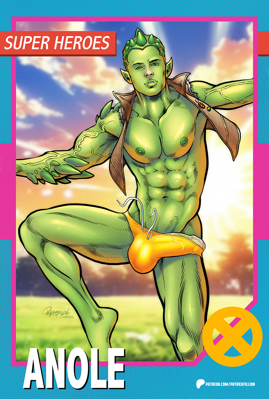 anole borkowski, bulge bulge_through_clothing carapace cock_head, green_body green_skin male male_only muscular patrick_fillion vest victor x-men