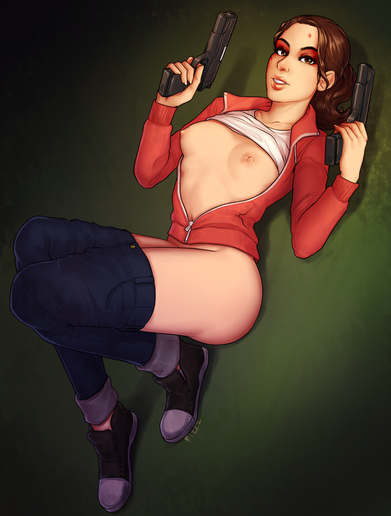 1girls, 2d, alternate version available, breasts, brown eyes, brown hair, denim, dual wielding, erect nipples, female, female only, firearm, fizzz, gun, handgun, human, human female, human only, jacket, jeans, left 4 dead, left 4 dead (series), long hair, looking at viewer, lying, nipples, no bra, no panties, on back, open clothes, open jacket, pants down, ponytail, shirt lift, small breasts, sneakers, solo, tied hair, topless, unzipped, valve corporation, weapon, zoey (left 4 dead)