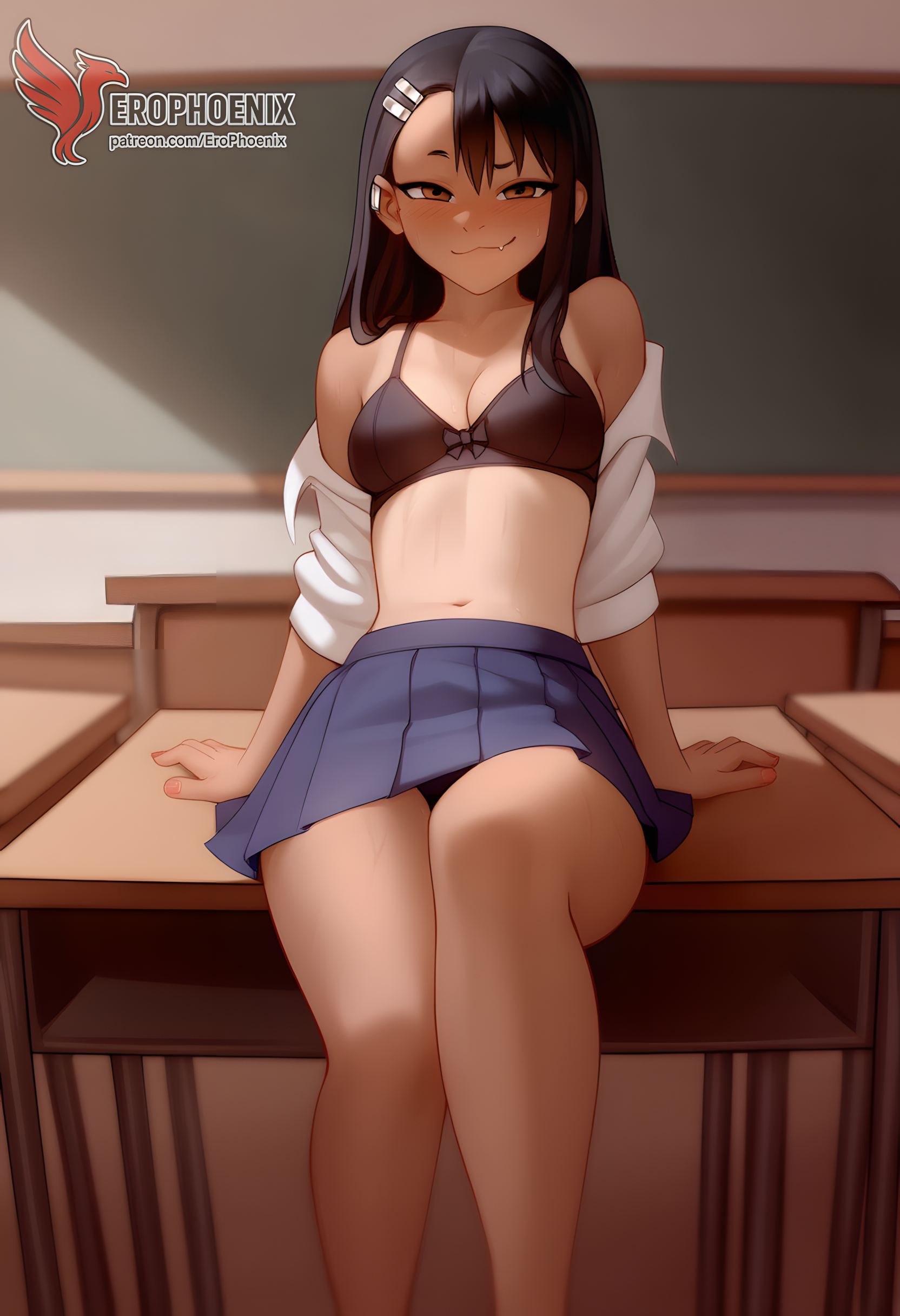 1girls, 2d, ai generated, back, bare shoulders, big ass, black hair, blue eyes, bra, breasts, brown eyes, day, erophoenix, female, female focus, full body, hairclip, hayase nagatoro, jewelry, long hair, looking at viewer, one-piece tan, panties, patreon username, please don't bully me, nagatoro, sitting, skin fang, small breasts, smile, solo, tan, tan body, tan lines, tanline, thick, thick thighs, uncensored, underwear, undressing
