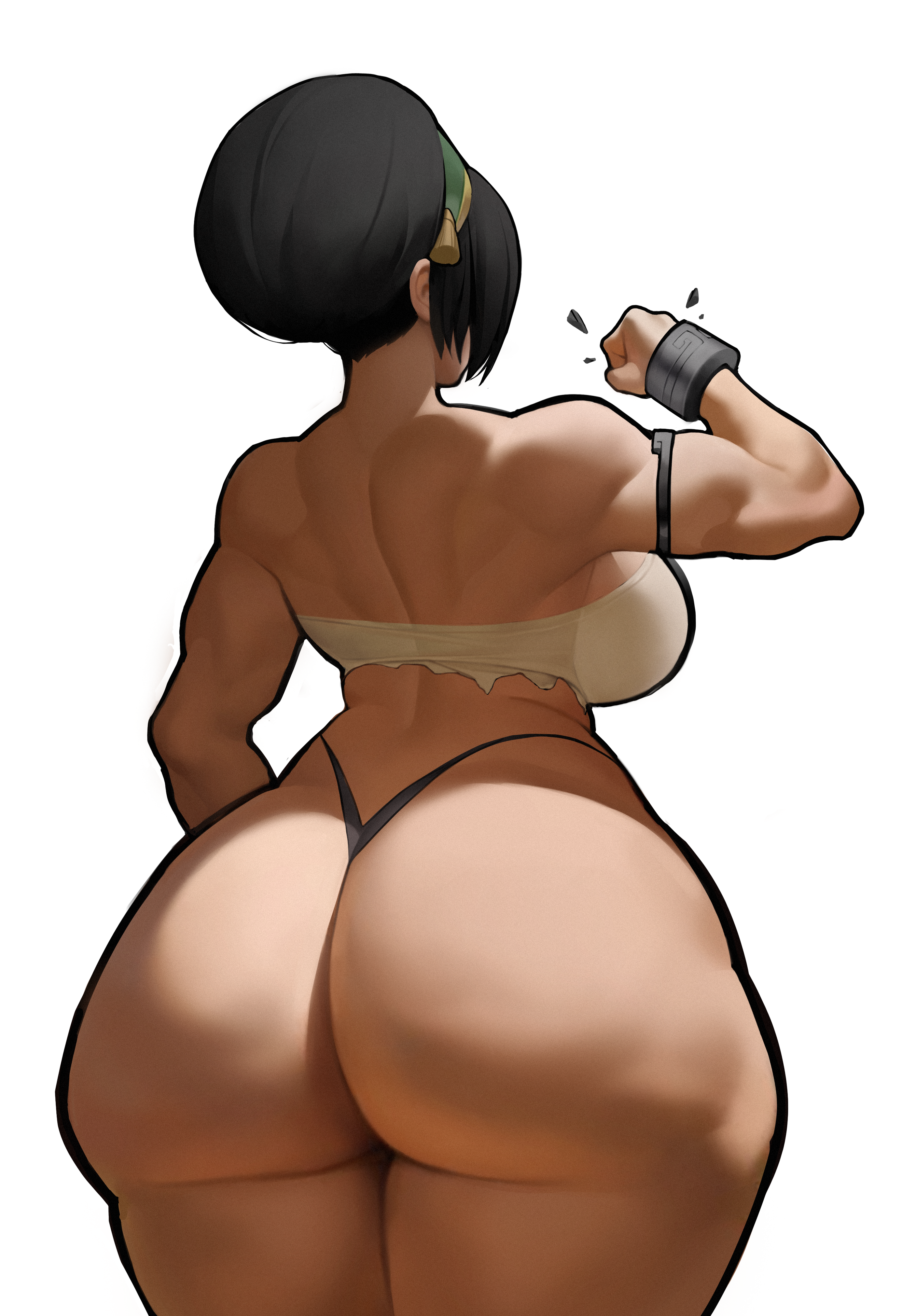 1girls, ass, ass focus, avatar the last airbender, big ass, big breasts, black hair, bottomless, bottomless female, bracelet, breasts, bubble butt, busty, crop top, fat ass, female, female only, gluteal fold, huge ass, large ass, large breasts, light-skinned female, massive ass, muscular, muscular female, rear view, simple background, solo, spiralnoww, the legend of aang, thick ass, thick thighs, thunder thighs, toph bei fong, white background, wide hips