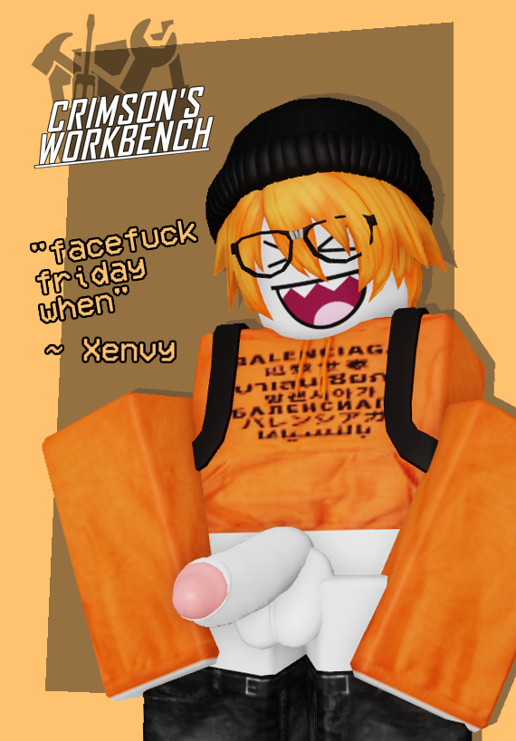 1boy 3d backpack balls beanie black_beanie black_hat black_jeans black_pants closed_eyes clothed clothed_male crimstuff dialogue english_text glasses hat hoodie jeans long_sleeves male male_only open_mouth orange_hair orange_hoodie orange_sleeves original_character pants pants_down penis penis_out roblox robloxian sharp_teeth short_hair simple_background sleeves smile solo text text_on_clothing watermark white_skin xenvy