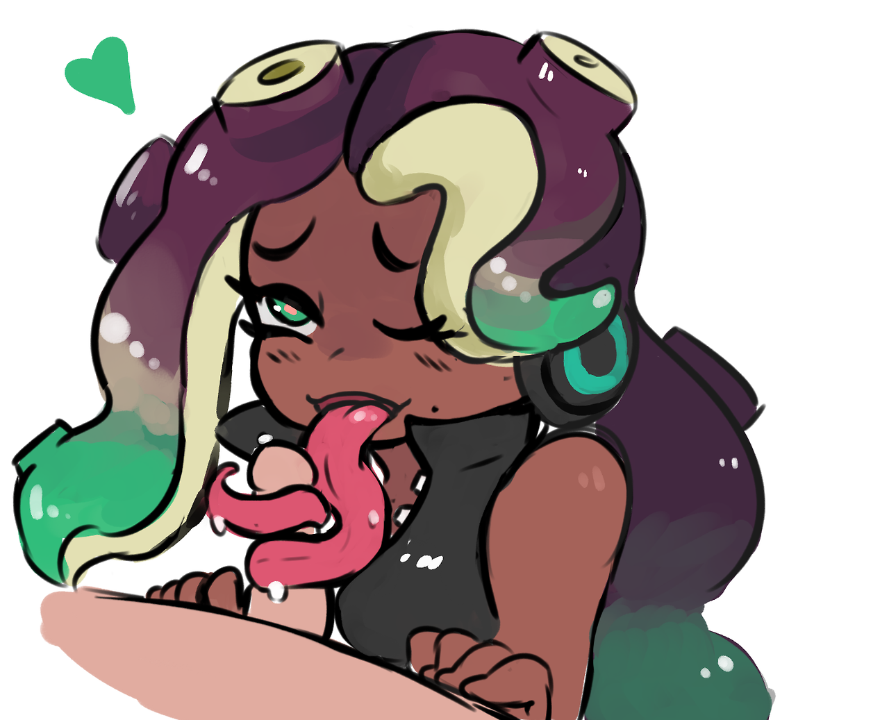 1boy, beauty mark, cephalopod, dark skin, dark-skinned female, fellatio, female, gradient hair, headphones, heart, long tongue, male, marina (splatoon), marina ida, marine, mole, mole under mouth, multicolored hair, nintendo, octoling, octoling girl, octopus, one eye closed, oral, oral sex, sex, splatoon, splatoon (series), splatoon 2, tease, teasing, tentacle, tentacle hair, tongue, tonguejob, unseen male, wink