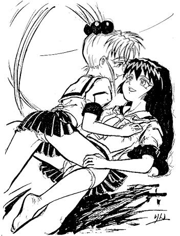 2girls ass breasts female female_only human long_hair misao_amano multiple_girls pale-skinned_female pale_skin panties pretty_sammy sasami_masaki_jurai school_uniform skirt tagme tenchi_muyo! twintails yuri