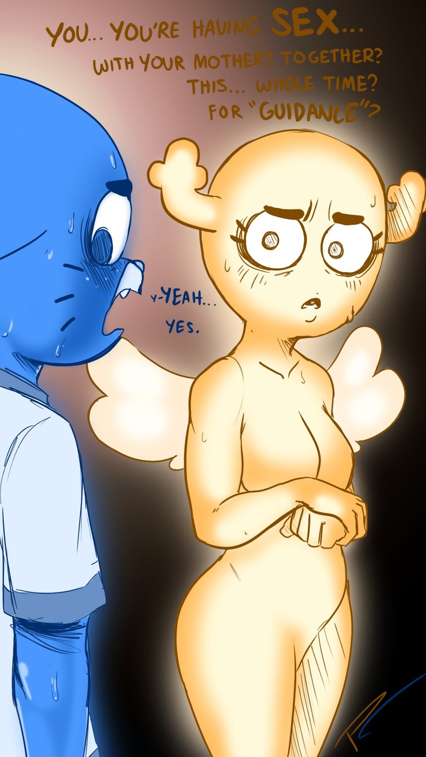 2d anthro antlers big_breasts blue_fur bottomless cartoon_network caught cheating_boyfriend cleavage concerned confession cuckquean curvy dialogue ears_down eyelashes fakeryway featureless_breasts functionally_nude functionally_nude_female gumball_watterson hands_together incest looking_away no_nipples open_mouth penny_fitzgerald pleasure_castle sweat t-shirt the_amazing_world_of_gumball topwear wavy_mouth whiskers wide_eyed wings yellow_body