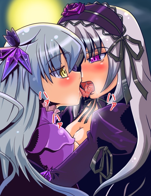 barasuishou blush doll female long_hair multiple_girls purple_eyes rozen_maiden saliva sokushi soxy suigintou tear tongue yellow_eyes yuri