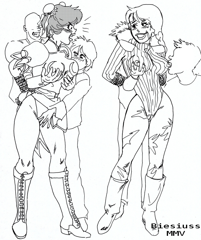 2girls archie_comics betty_cooper biesiuss cammy_white chun-li cosplay female human male molestation straight straight_hair street_fighter veronica_lodge