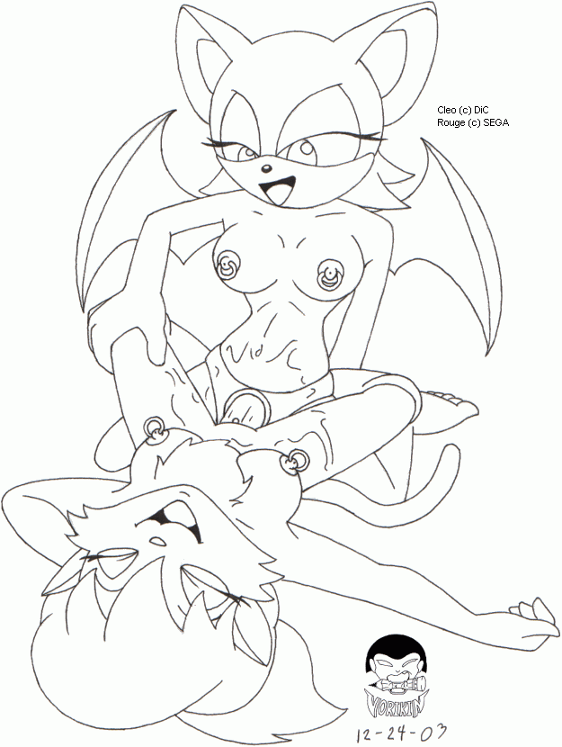 2003 2d 2girls black_and_white cleo_catillac female female_only line_art mobian mobian_(species) mobian_bat rouge_the_bat sega sonic_(series) sonic_adventure_2 sonic_the_hedgehog_(series) straight_hair the_catillac_cats vorikin