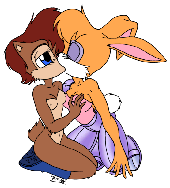 2girls animal_ears anthro archie_comics blue_eyes blush breast_grab breasts bunnie_rabbot bunny_ears bunny_tail closed_eyes female female_only fox_lee kissing kneeling mammal multiple_girls mutual_yuri nipples romantic sally_acorn sega seiza simple_background sitting sonic_(series) straight_hair tail white_background yuri