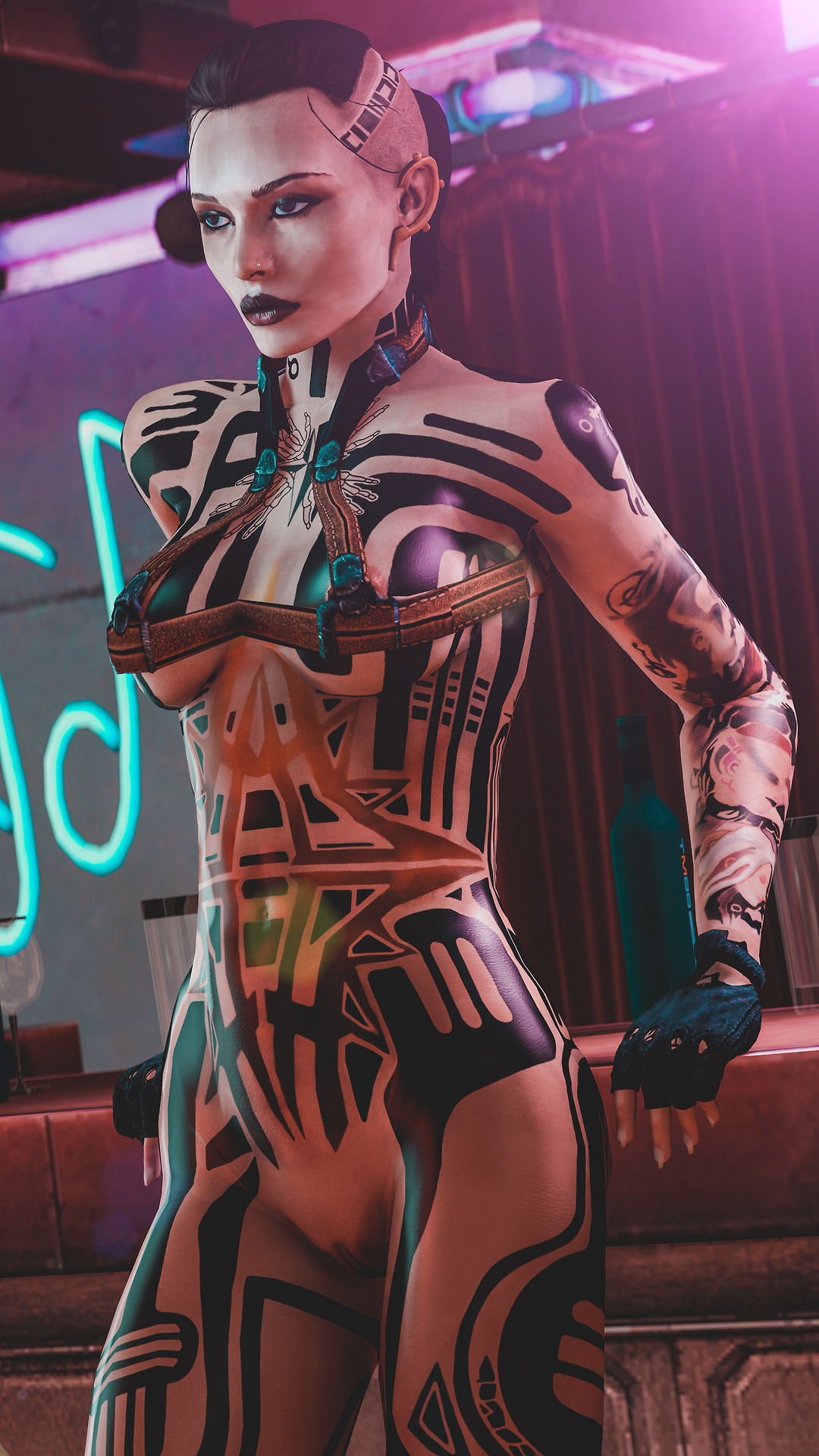 1girls, 2017, 3d, absurdres, areolae, big breasts, black lipstick, breasts, brown eyes, brown hair, eyebrows, eyelashes, female, female only, fingerless gloves, fingernails, hair, hands, human, jack (mass effect), lips, lipstick, mass effect, nose, nude, ponytail, pussy, slop art, solo, source filmmaker, standing, stomach, tattoo, tied hair