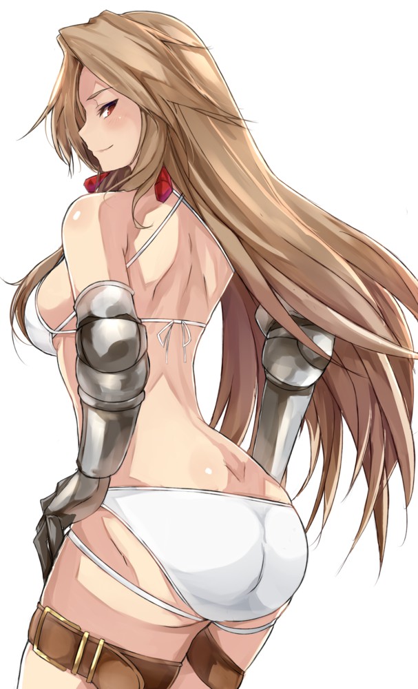 ass, belt, bikini, blush, breasts, brown hair, female, granblue fantasy, katalina aryze, long hair, naughty face, panties, red eyes, smile, swimsuit, white bikini, white swimsuit