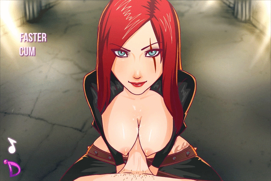 1boy, 2d, 2d animation, animated, bouncing breasts, breasts, cock, derpixon, dick, english text, eye scar, facial scar, female, from below, gameplay mechanics, green eyes, katarina du couteau, large breasts, league of legends, light skin, light-skinned female, lipstick, long hair, looking at viewer, male, nipples, paizuri, pale skin, pale-skinned female, penis, pov, red hair, red lips, sex, smile, straight, text