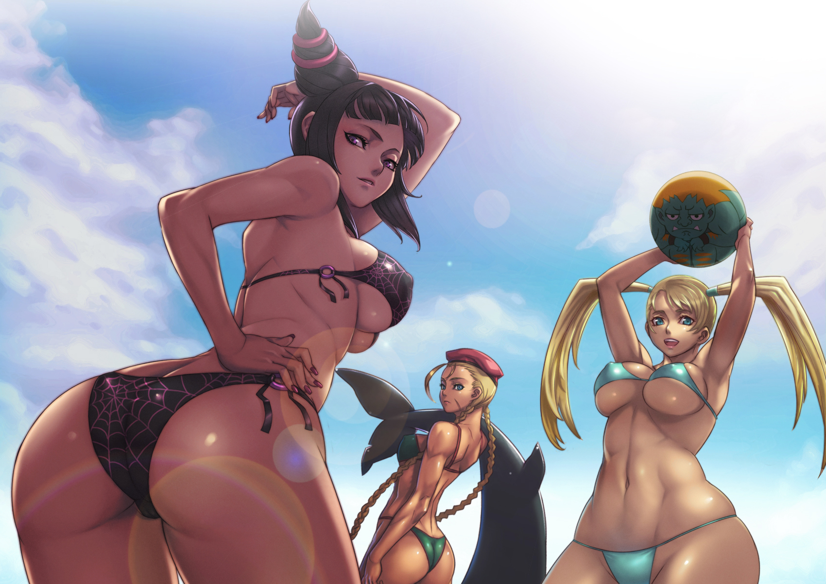 2017, 3girls, animal, armpits, arms up, asian, ass, ball (object), beach ball, beret, bikini, black hair, blanka, blonde hair, blue eyes, braid, breasts, brown hair, cameltoe, cammy white, capcom, cleavage, clouds, cowboy shot, curvy, dolphin, drill hair, female, female only, from behind, hand on hip, hat, highres, huge ass, juri han, large breasts, lens flare, long fingernails, long hair, looking at viewer, looking back, multiple females, multiple girls, nail polish, navel, nipple bulge, nipples, open mouth, purple eyes, purple nails, pussy, rainbow mika, scar, sethxzoe, shiny skin, side-tie bikini, sideboob, skindentation, sky, smile, spider web print, standing, street fighter, street fighter v, string bikini, sunlight, super street fighter iv, swimsuit, thick thighs, tied hair, toned, twin braids, twin drills, twintails, underboob, very long hair, water, wide hips